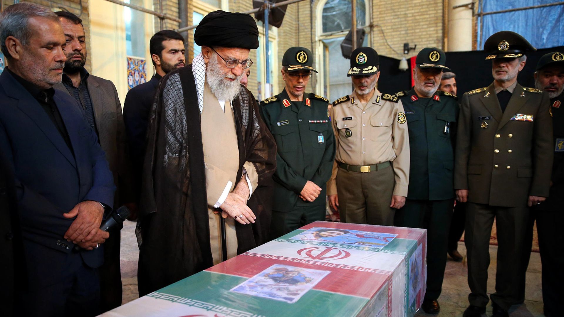 Supreme Leader of Iran, Ali Khamenei attends the funeral ceremony of a member of Islamic Revolutionary Guard Corps who died during a clash in Syria