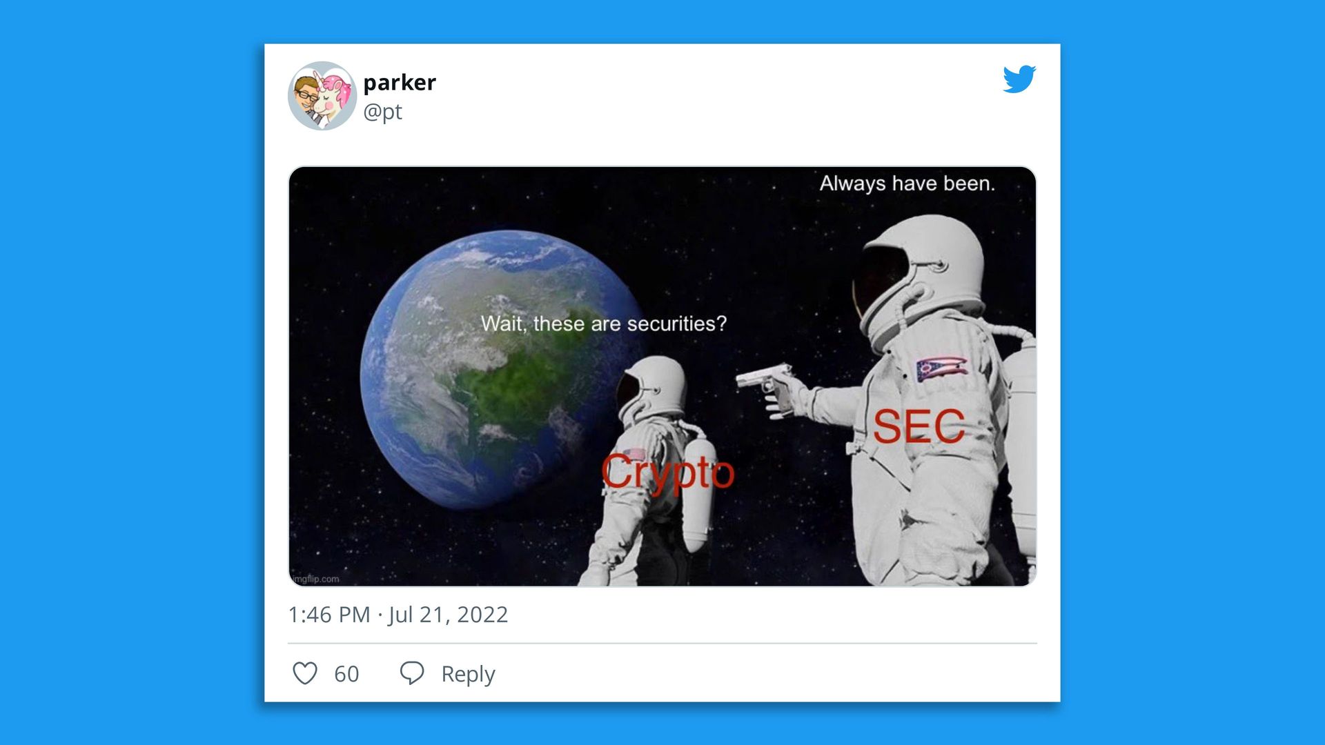 Tweet with the astronaut meme about cryptocurrencies as securities. 