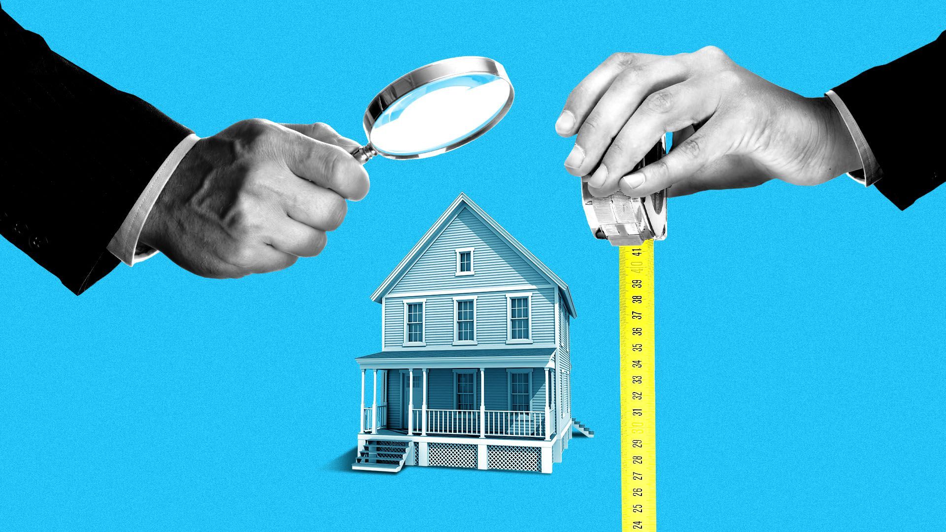 Illustration of a house being observed by a hand with a magnifying glass and another with a tape measure