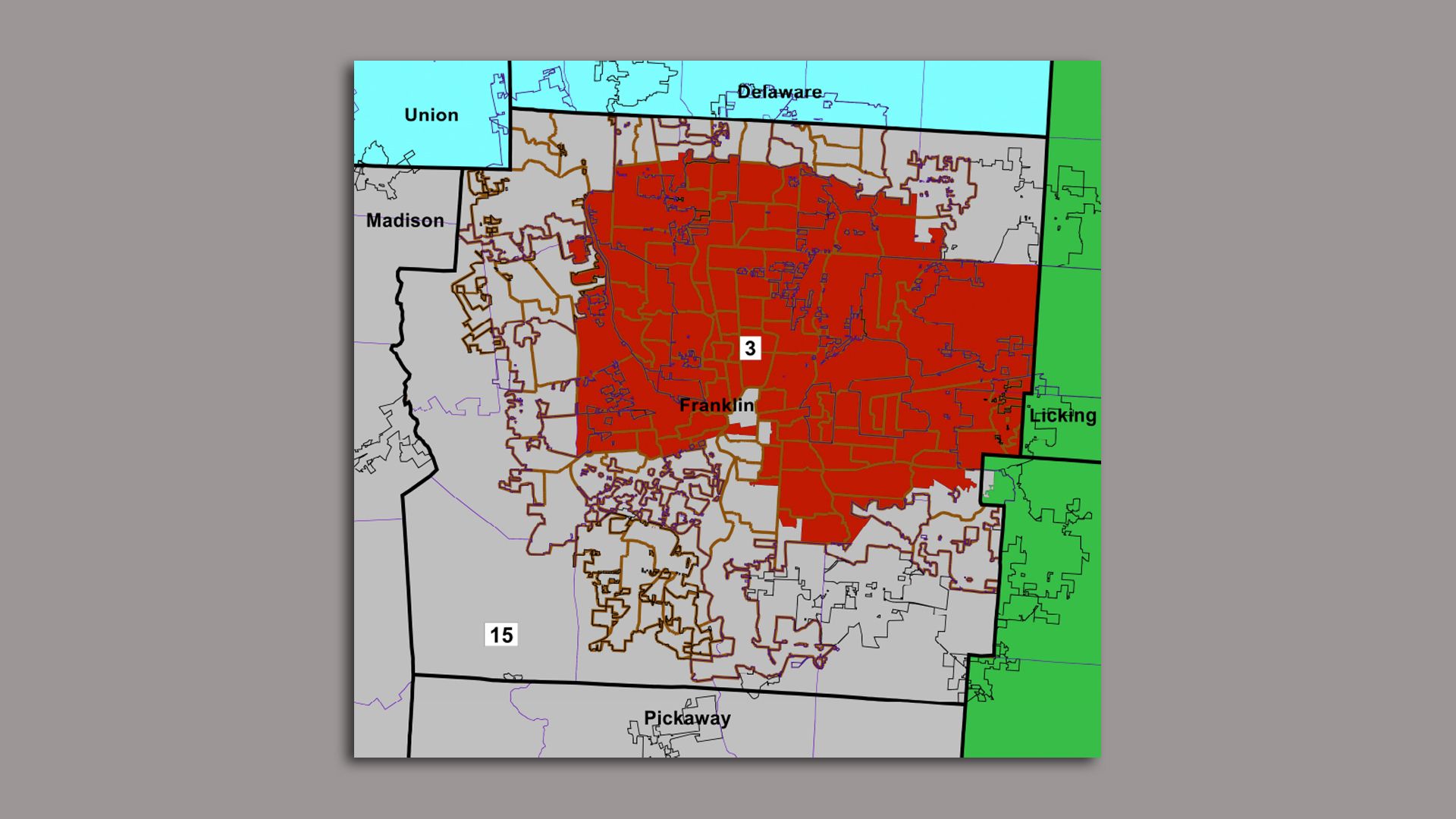 A close up look at the new congressional map for Franklin County, Ohio, split into two separate districts.