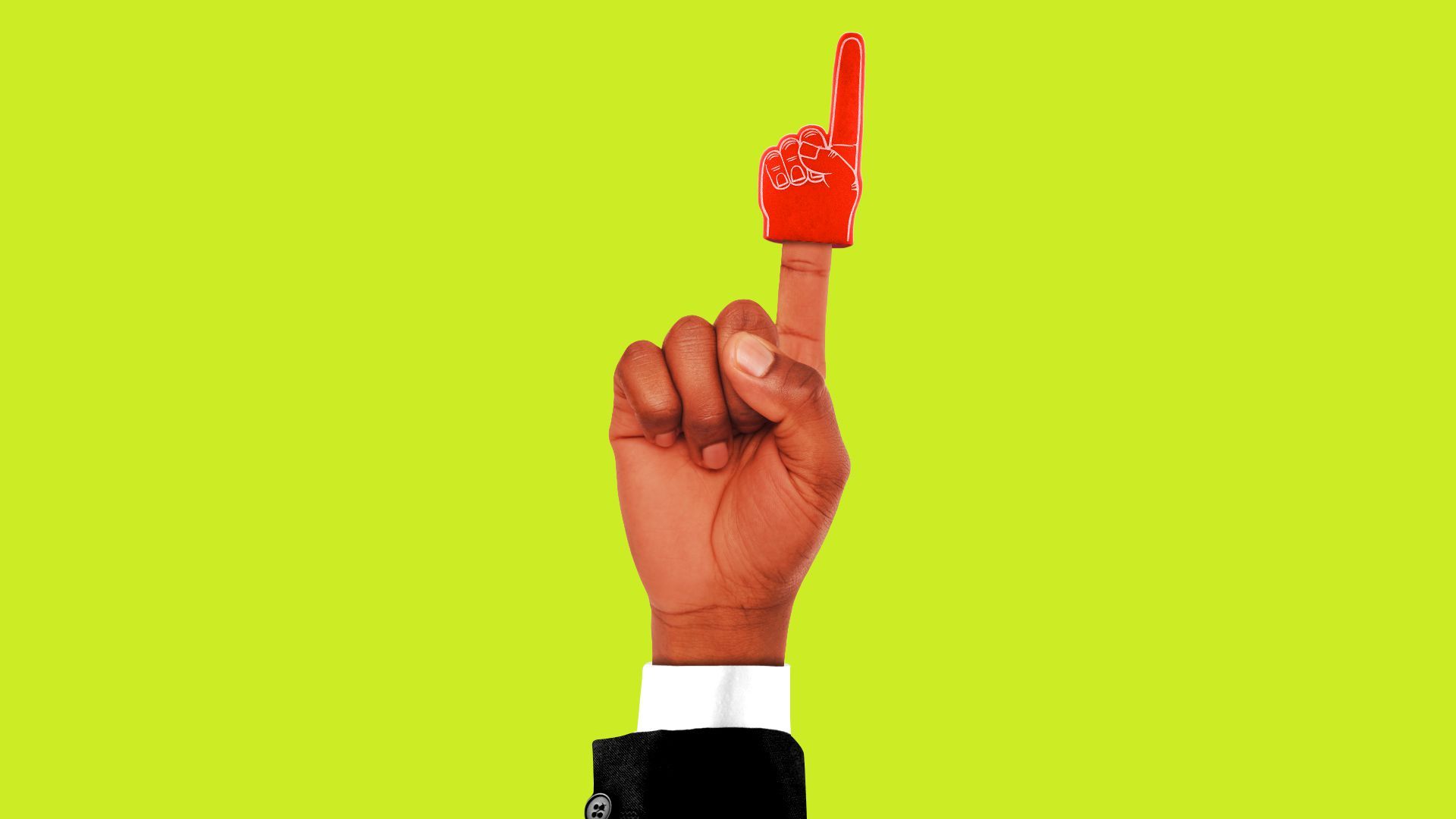 Illustration of a hand with a miniature foam finger on its index finger.