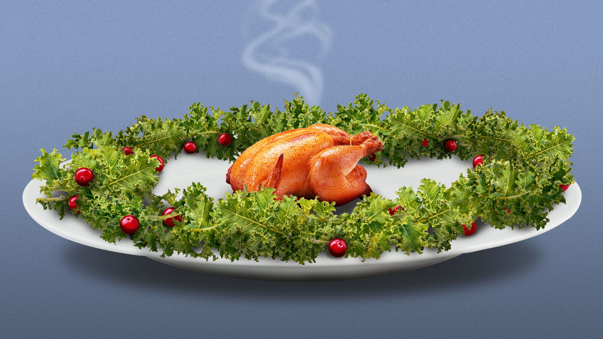 Illustration of a tiny Thanksgiving turkey on a plate dressed with kale and cranberries