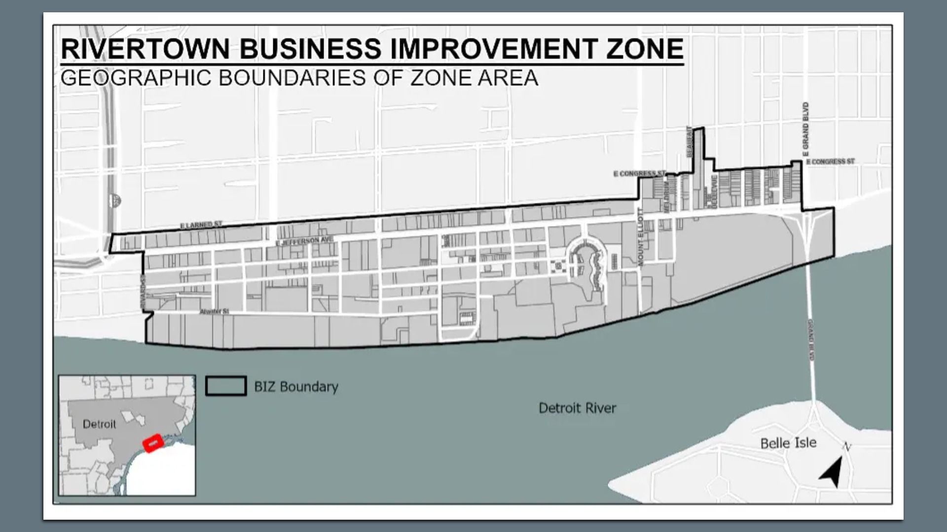 Map showing Rivertown Business Improvement Zone in Detroit along the Detroit River, with black boundary lines marking the zone area including streets like E Congress St and Jefferson Ave, near Belle Isle.