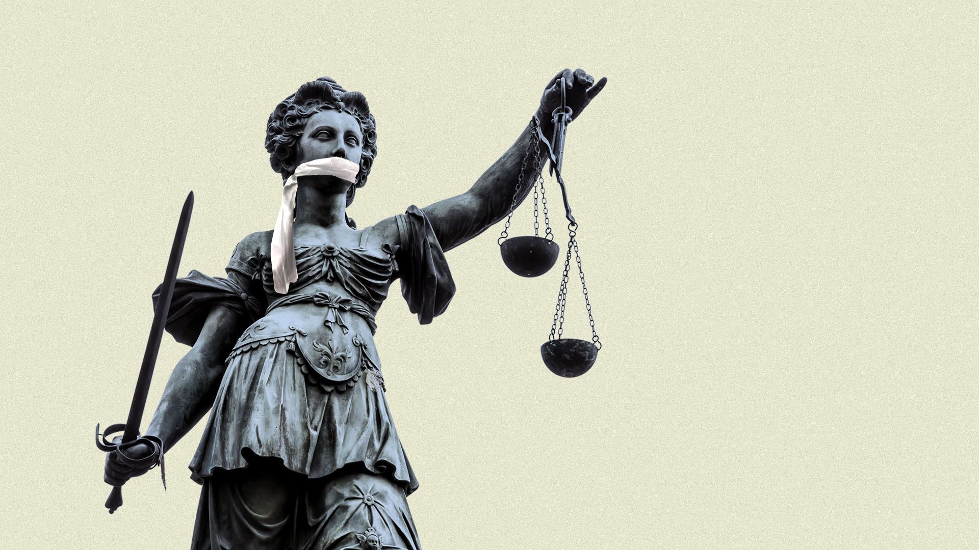 Illustration of statue of Justice with blindfold over her mouth