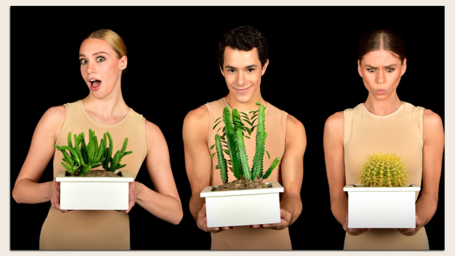 Three people in beige tops hold white pots with cacti; left: surprised blonde with a green succulent, center: smiling man with a tall cactus, right: puzzled brunette with a round yellow cactus.