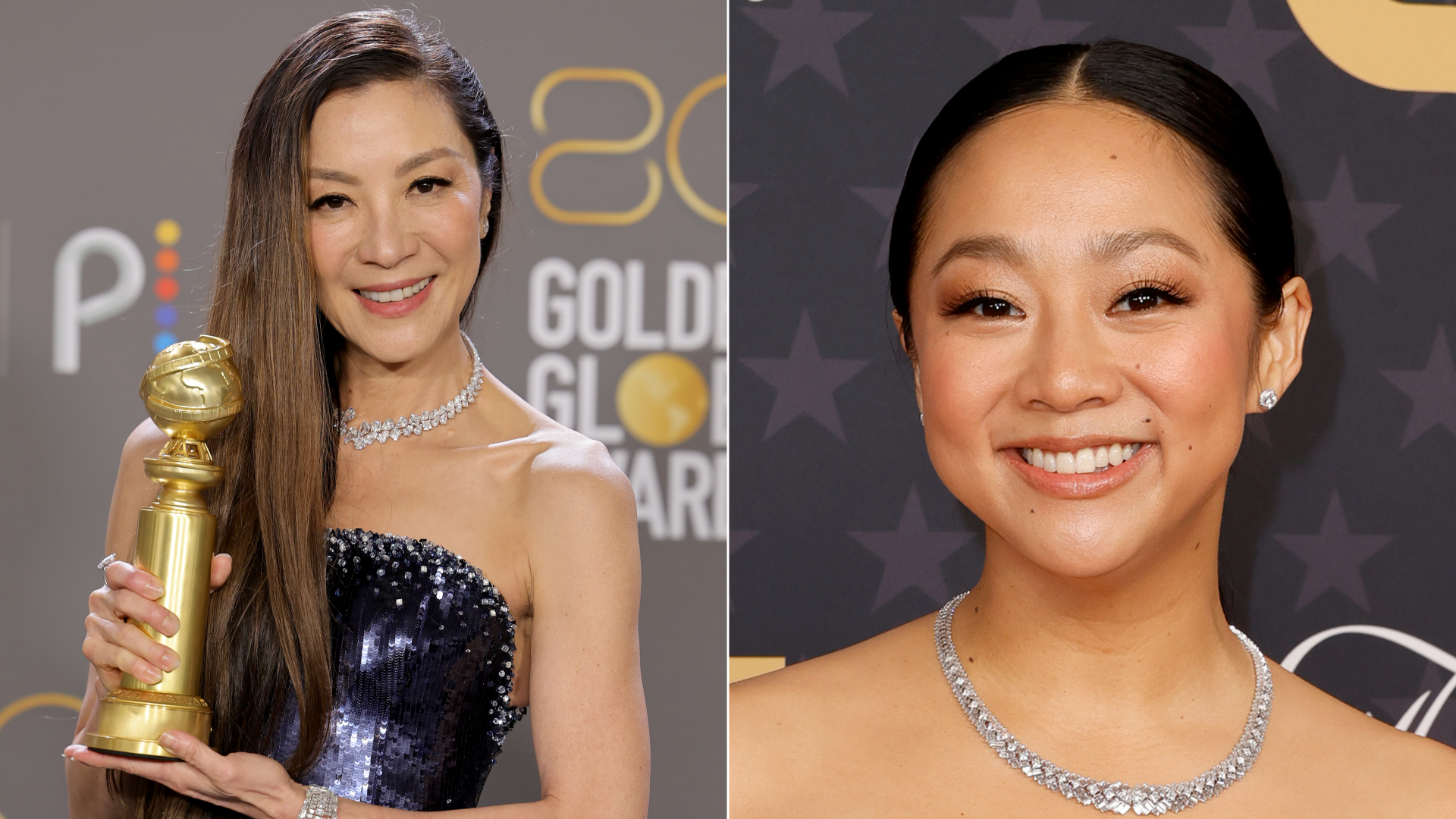 picture of a woman of East Asian heritage smiling on red carpet