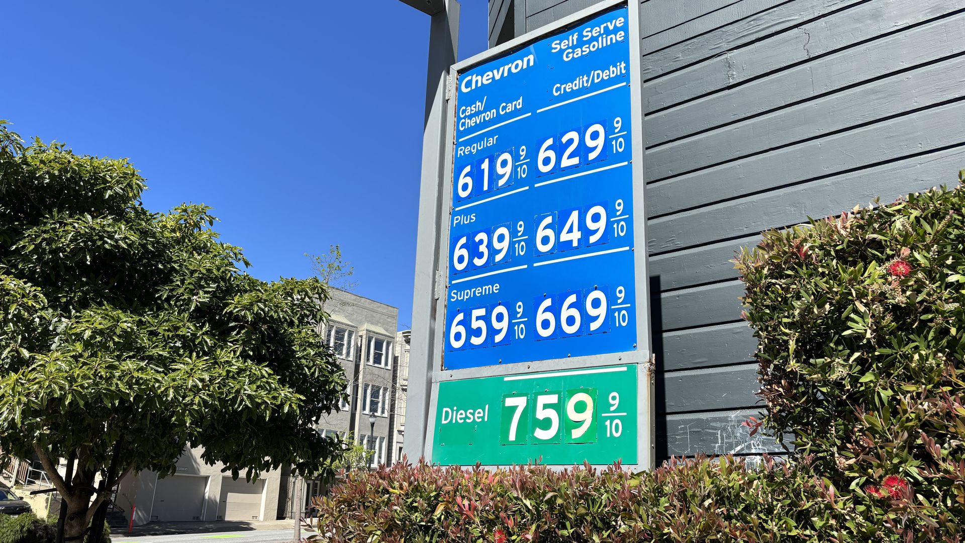 Tall blue Chevron gas price sign attached to a gray building, listing Regular, Plus, Supreme and Diesel prices; green bottom panel, with trees and a clear blue sky.