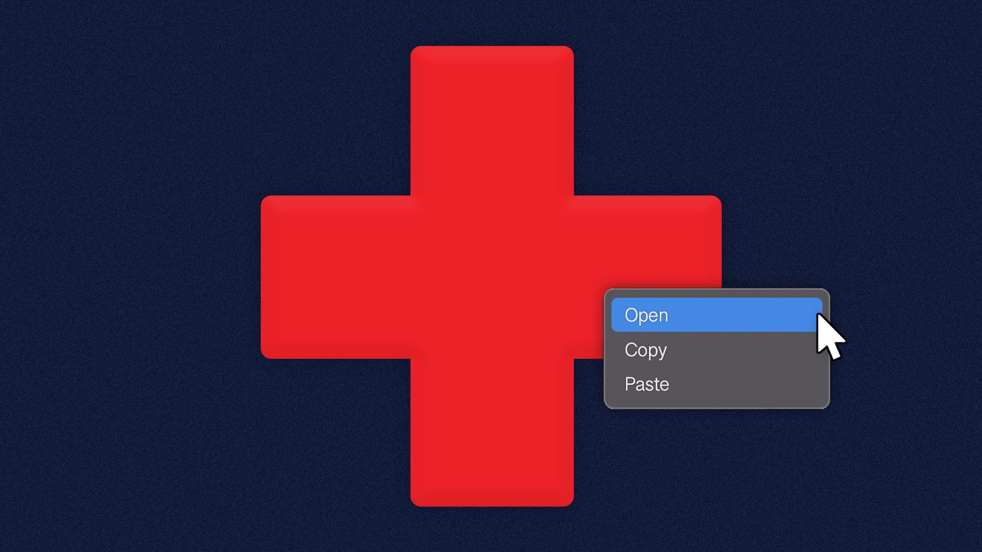 Illustration of a cursor hovering over a health plus icon, about to click "Open" from a drop down menu.