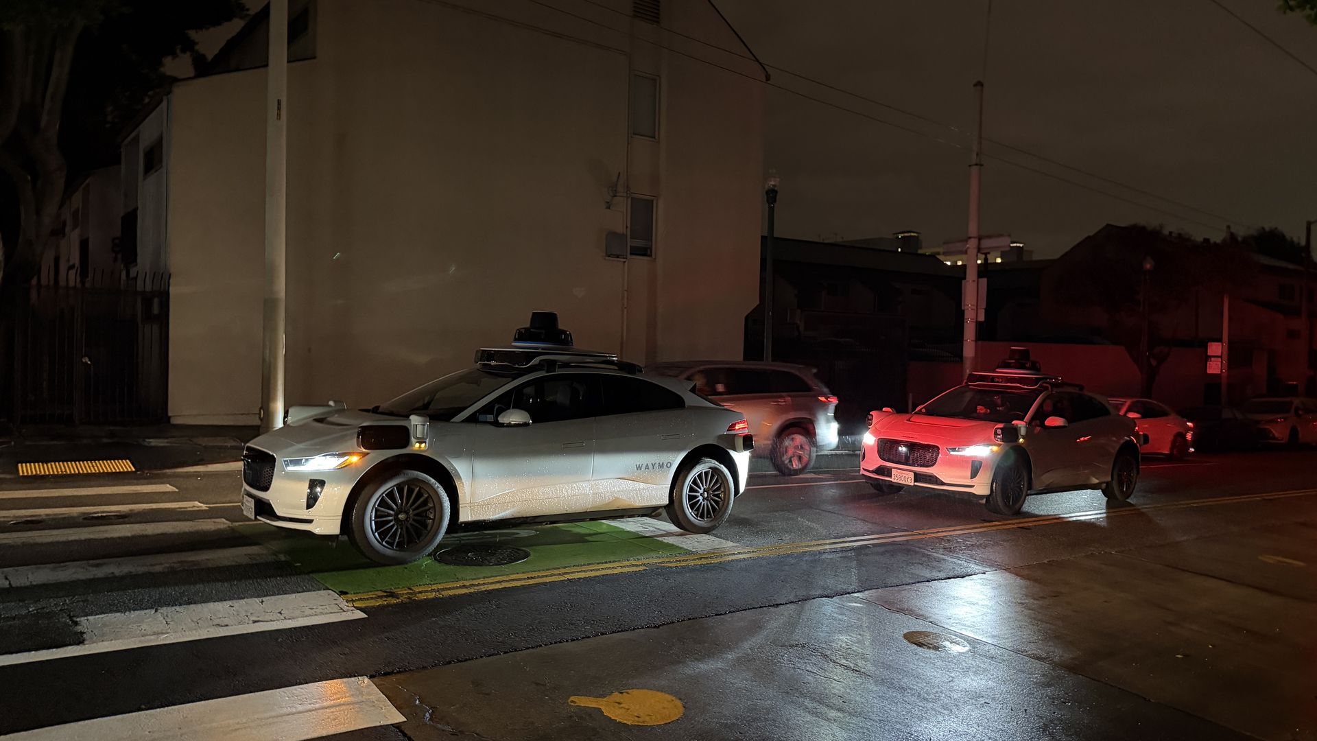 A stalled white Waymo robotaxi blocking traffic during a power outage Dec. 20, 2025 in San Francisco. 