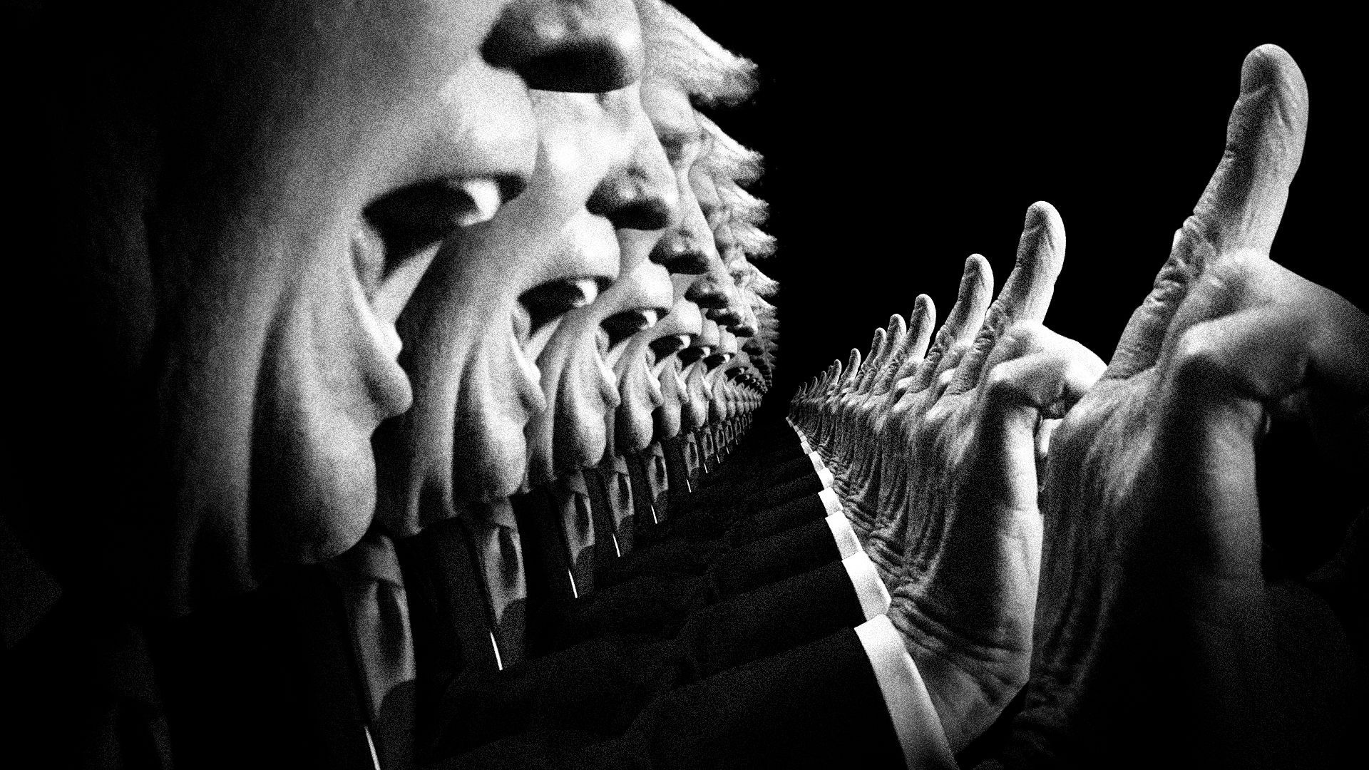 Photo illustration of Donald Trump speaking with one finger raised repeating into infinity