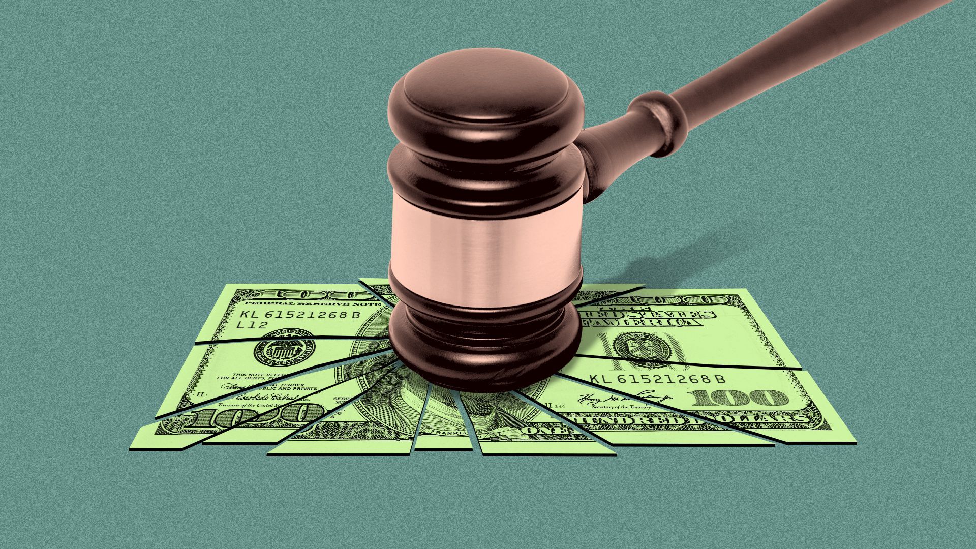 Illustration of a hundred-dollar bill being shattered by a gavel.