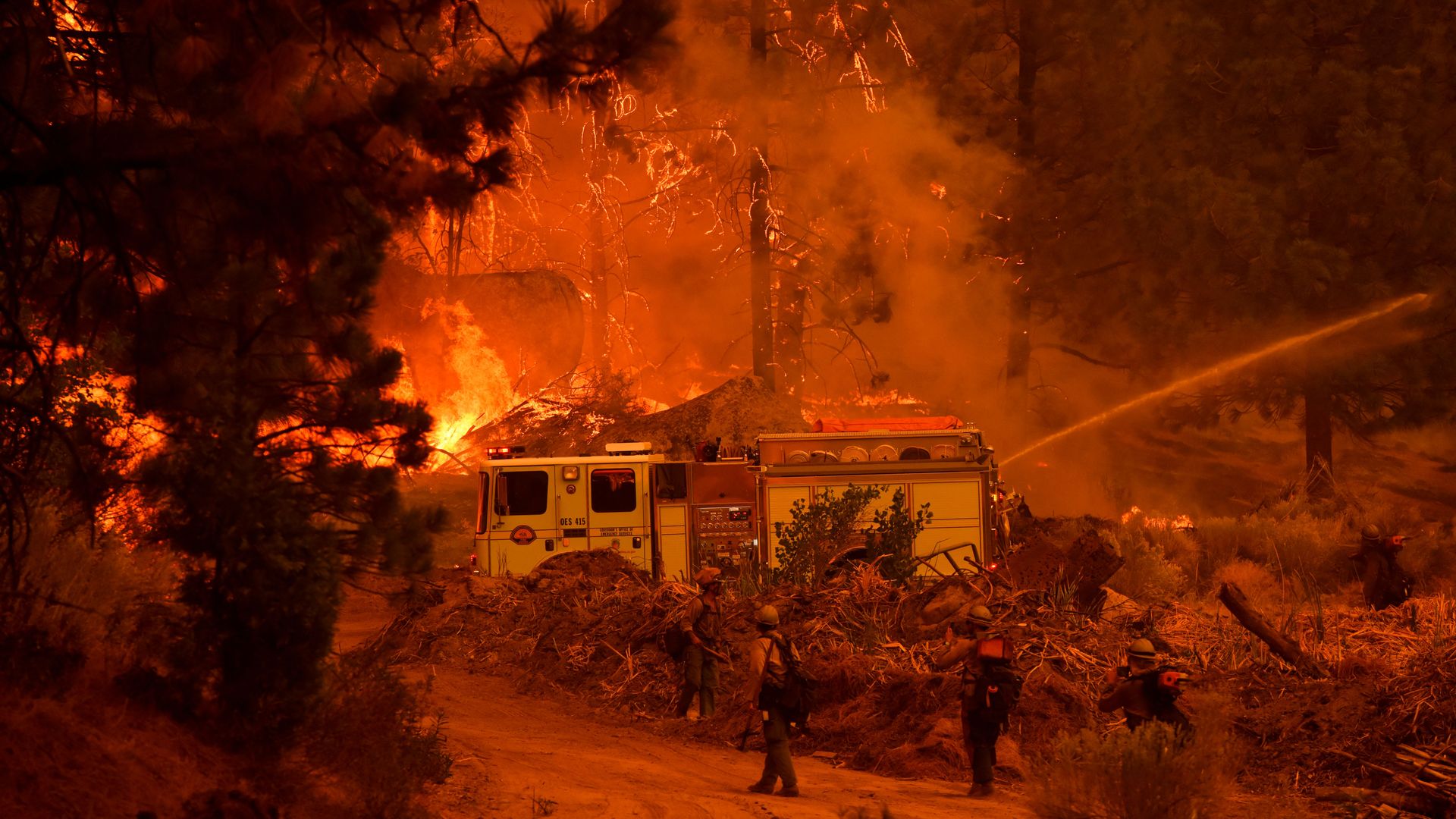Firefighters working on a wildfire in the Sequoia National Forest near Johnsondale, California, in September 2021.