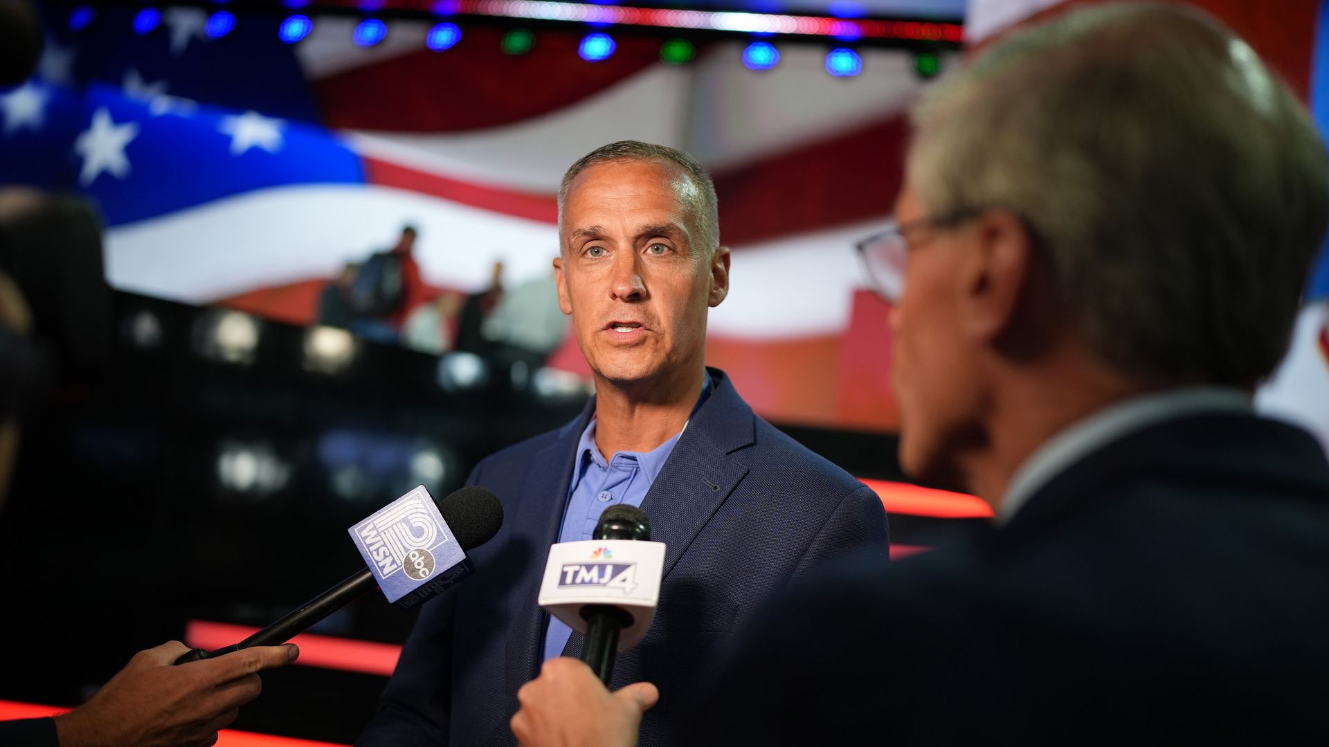 Political consultant Corey Lewandowski is interviewed by media at the Fiserv Forum as preparations are underway for the Republican National Convention (RNC) on July 14, 2024, in Milwaukee, Wisconsin.