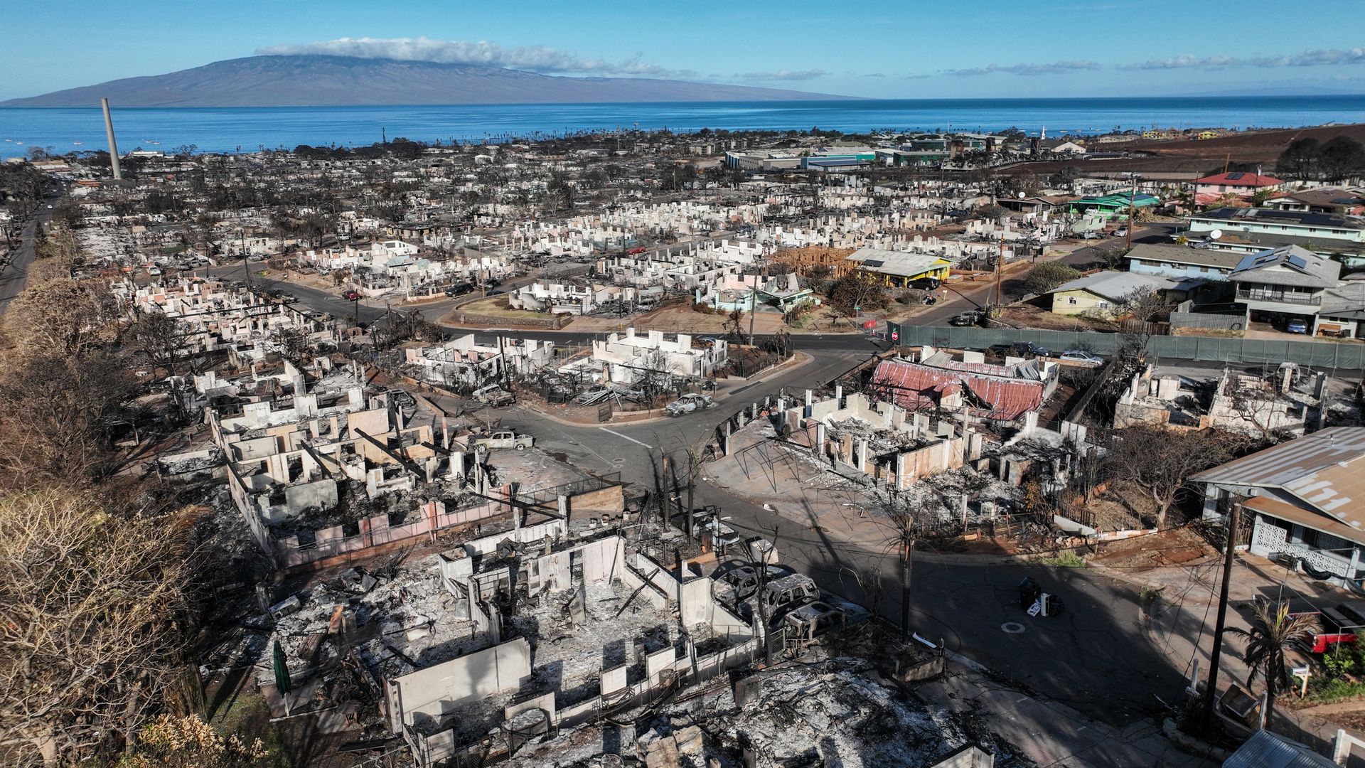 Aerial images east of town where homes and businesses lay in ruins after last week's devastating wildfire swept through town.