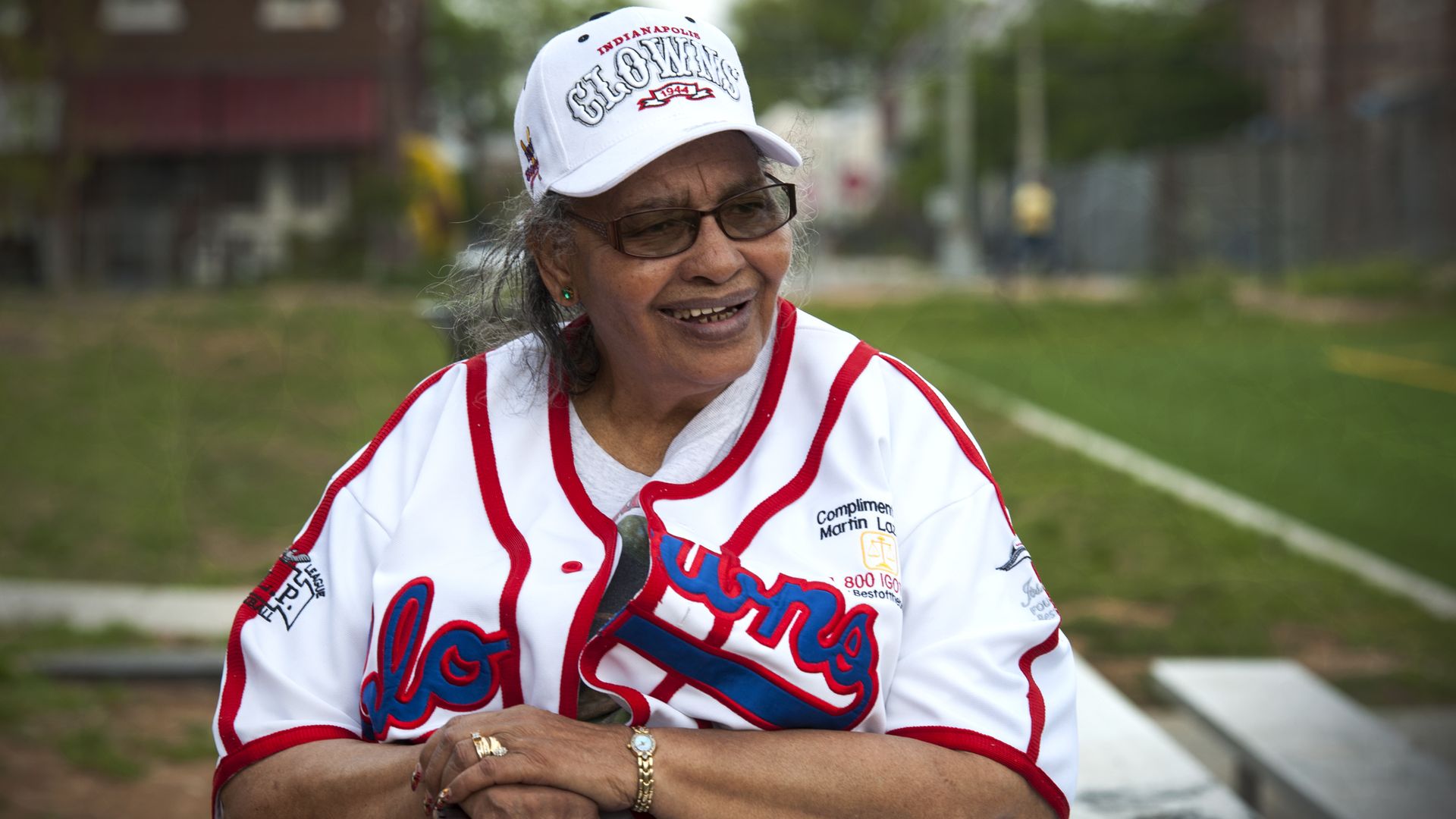 A 2013 photo of Mamie "Peanut" Johnson in an Indianapolis Clowns jersey.