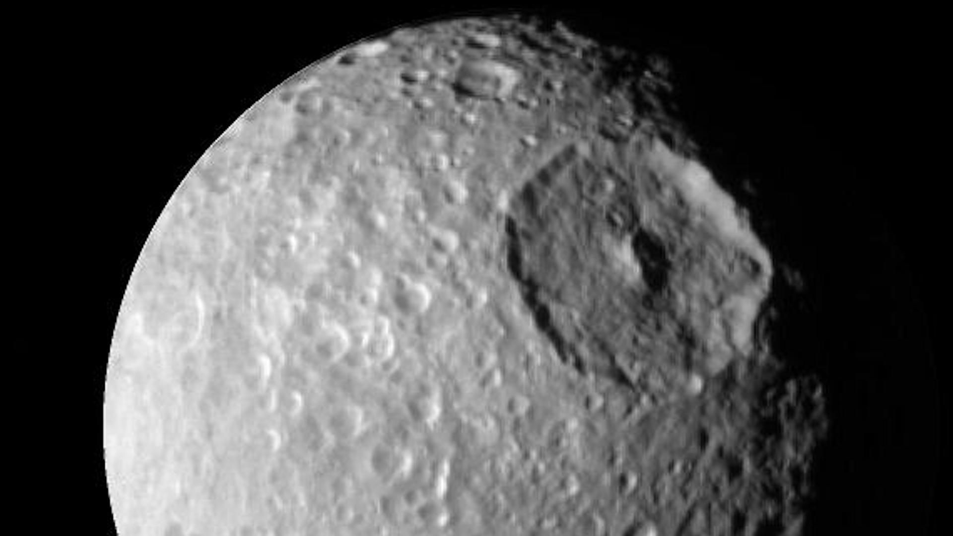 A view of Saturn's pock-marked moon Mimas