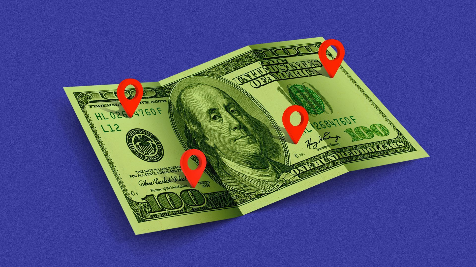 Illustration of a hundred dollar bill folded like a roadmap with navigation points dropped around it. 