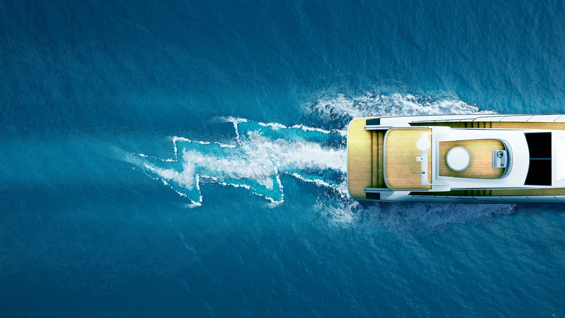 Illustration of an electric boat making a lightning bolt shaped wake