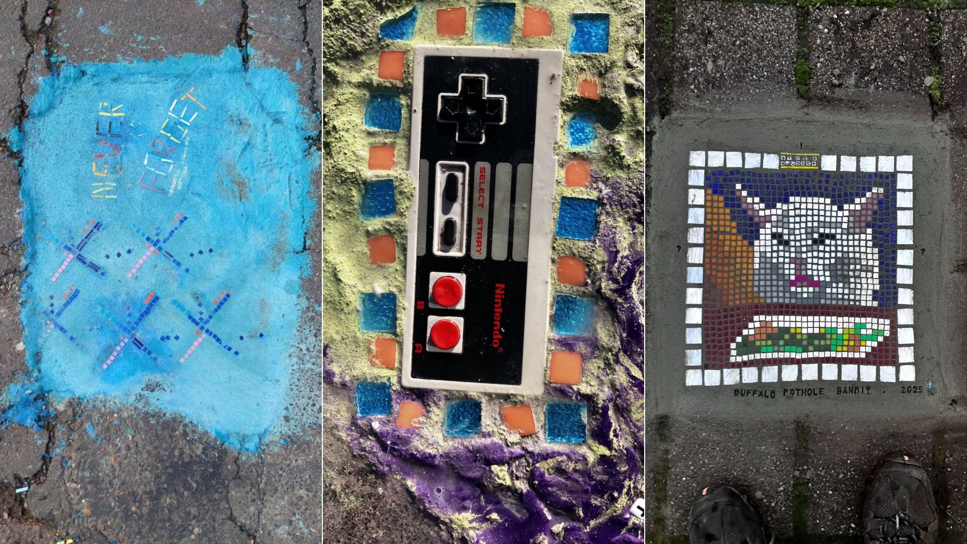 Three pothole art pieces: left blue with "NEVER FORGET" and mosaic X's; center a Nintendo controller mosaic with colorful tiles; right a mosaic of a white cat with a fish, labeled "BUFFALO POTHOLE BANDIT 2025".