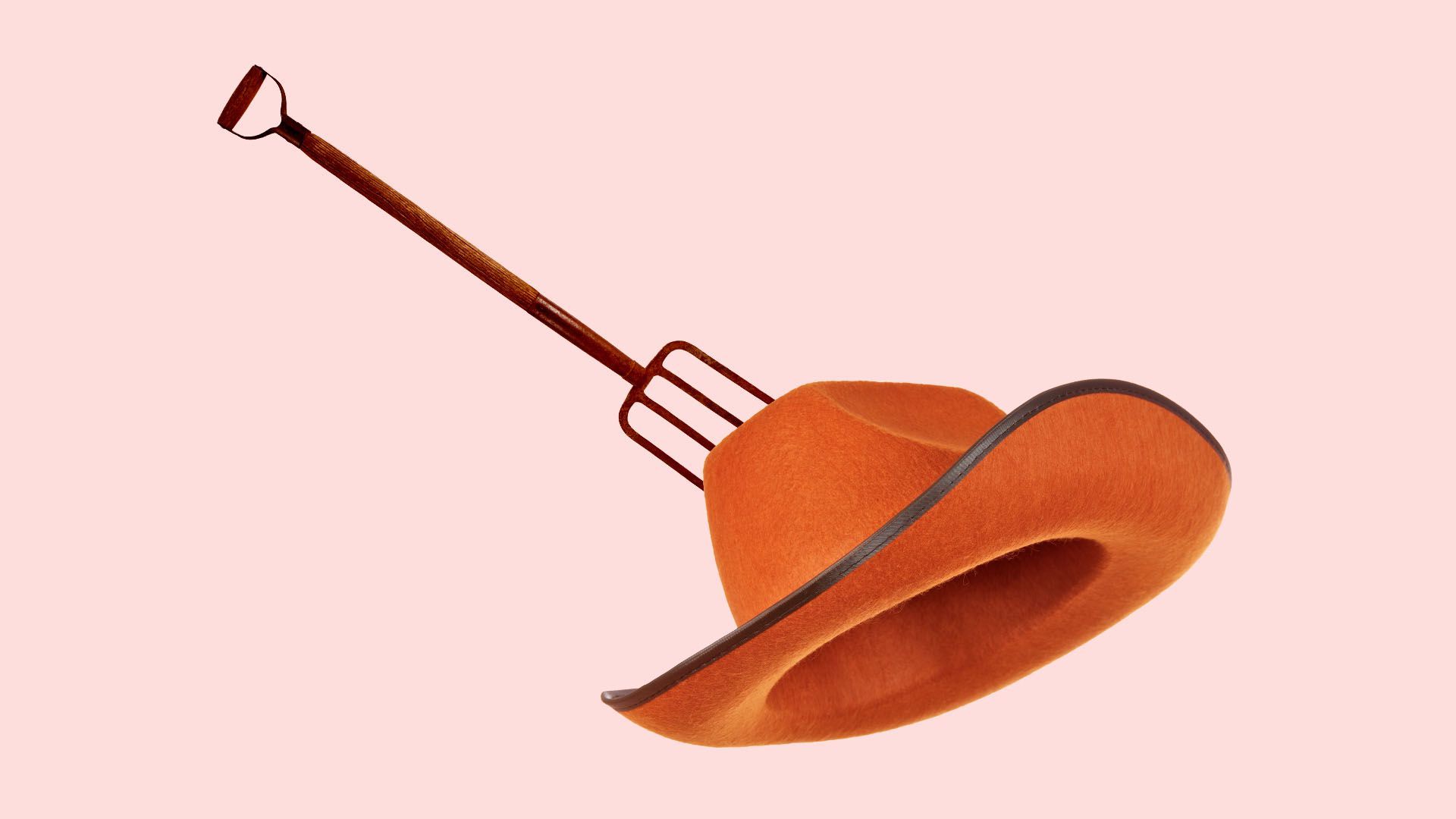 Illustration of a pitchfork in a farmer's cowboy hat