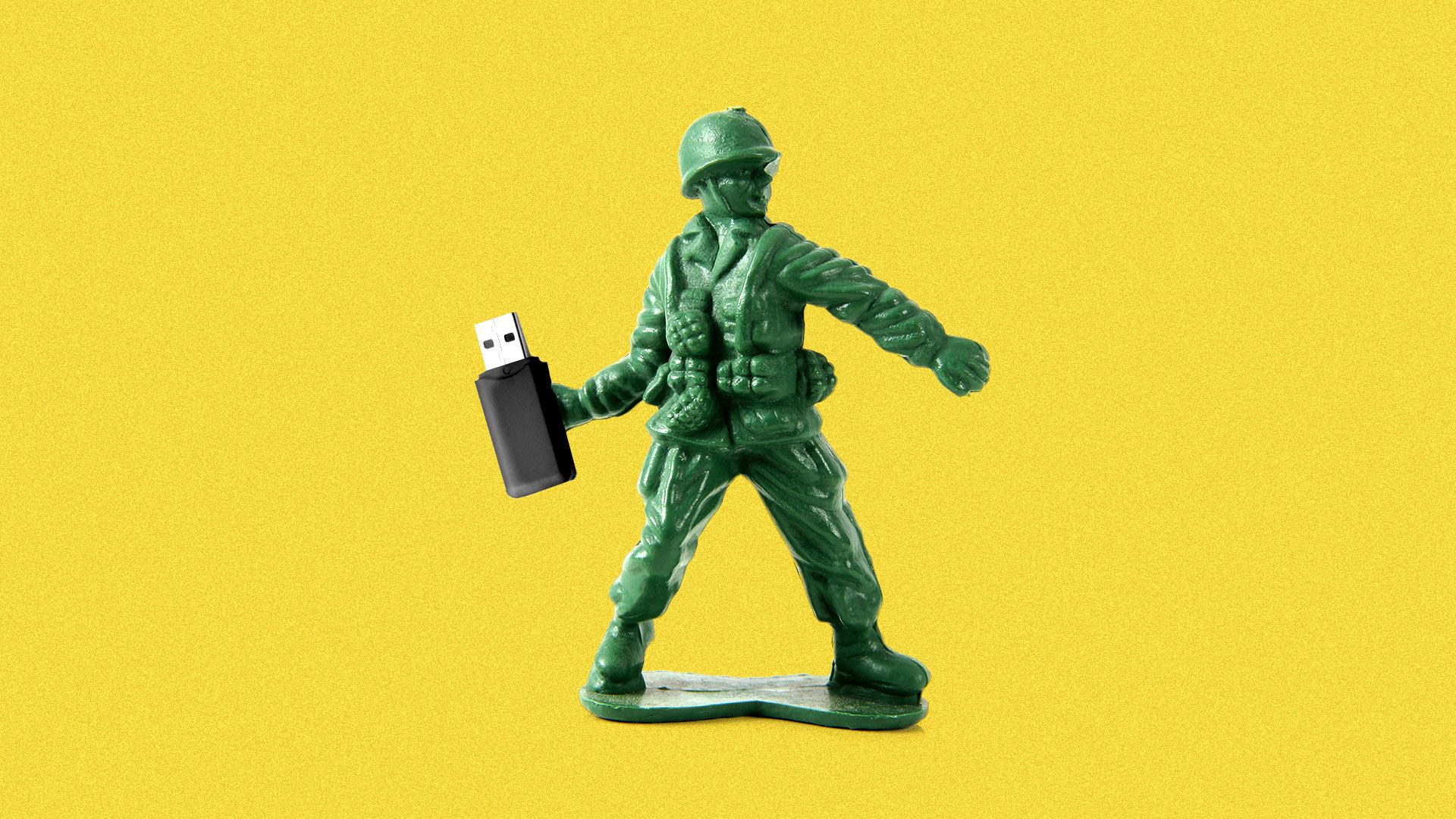 Illustration of a green army man about to throw a USB stick as if it's a grenade