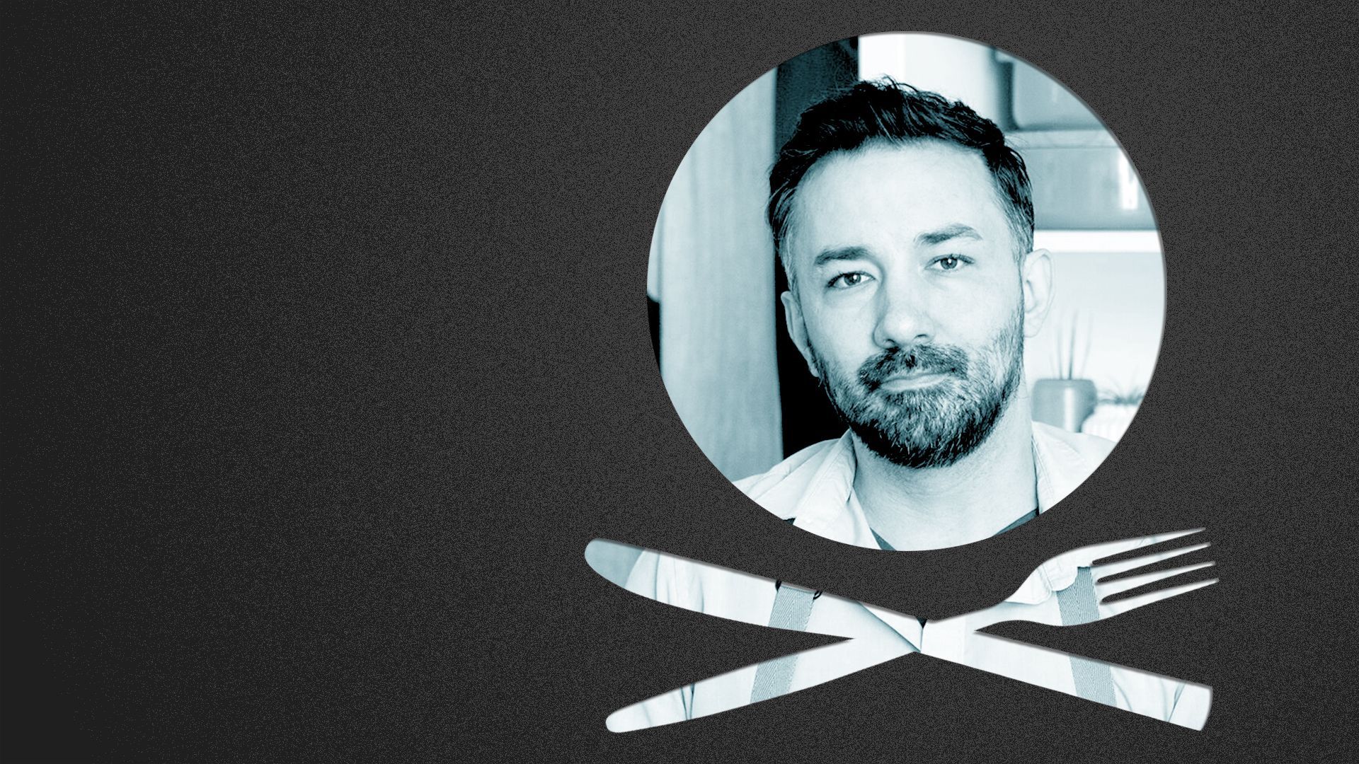 Photo illustration of a knife, fork, and plate revealing Derek Hanson.
