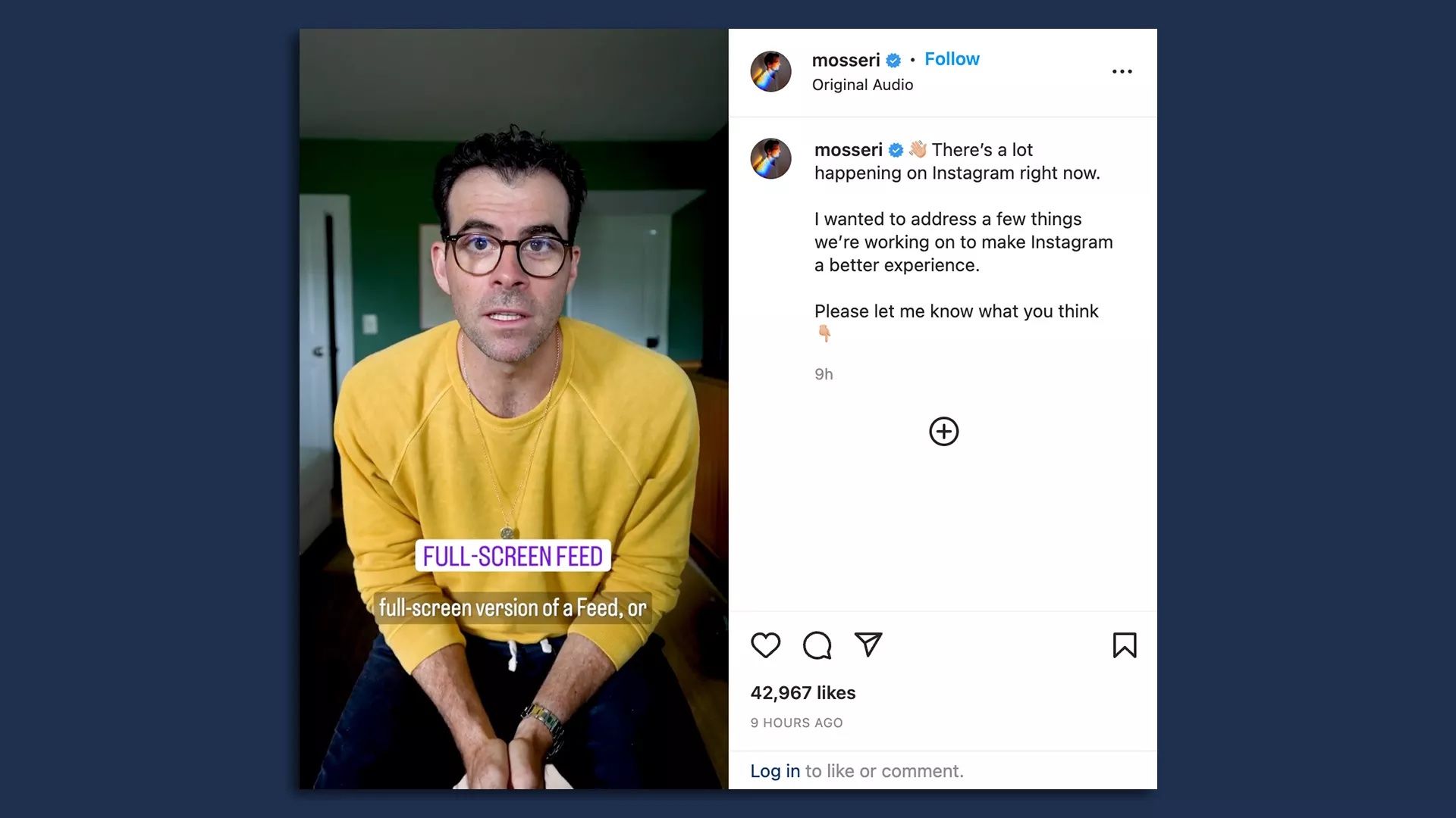 screencap of Instagram CEO Adam Mosseri's post with a photo of him in a yellow sweater