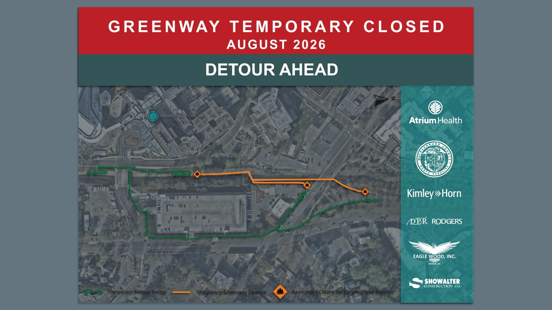 Aerial map with a red banner reading "GREENWAY TEMPORARY CLOSED AUGUST 2026" and "DETOUR AHEAD," showing green and orange detour routes and hazard icons, plus a sponsor panel on the right.