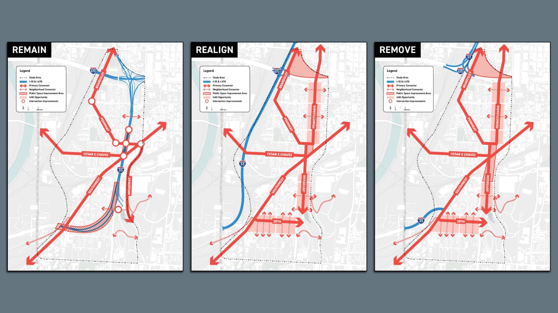 Three maps side-by-side titled REMAIN, REALIGN, REMOVE showing study area with red and blue roads and labels like Cesar E Chavez, I-35, and Jefferson depicting different road alignments and public space improvement areas.