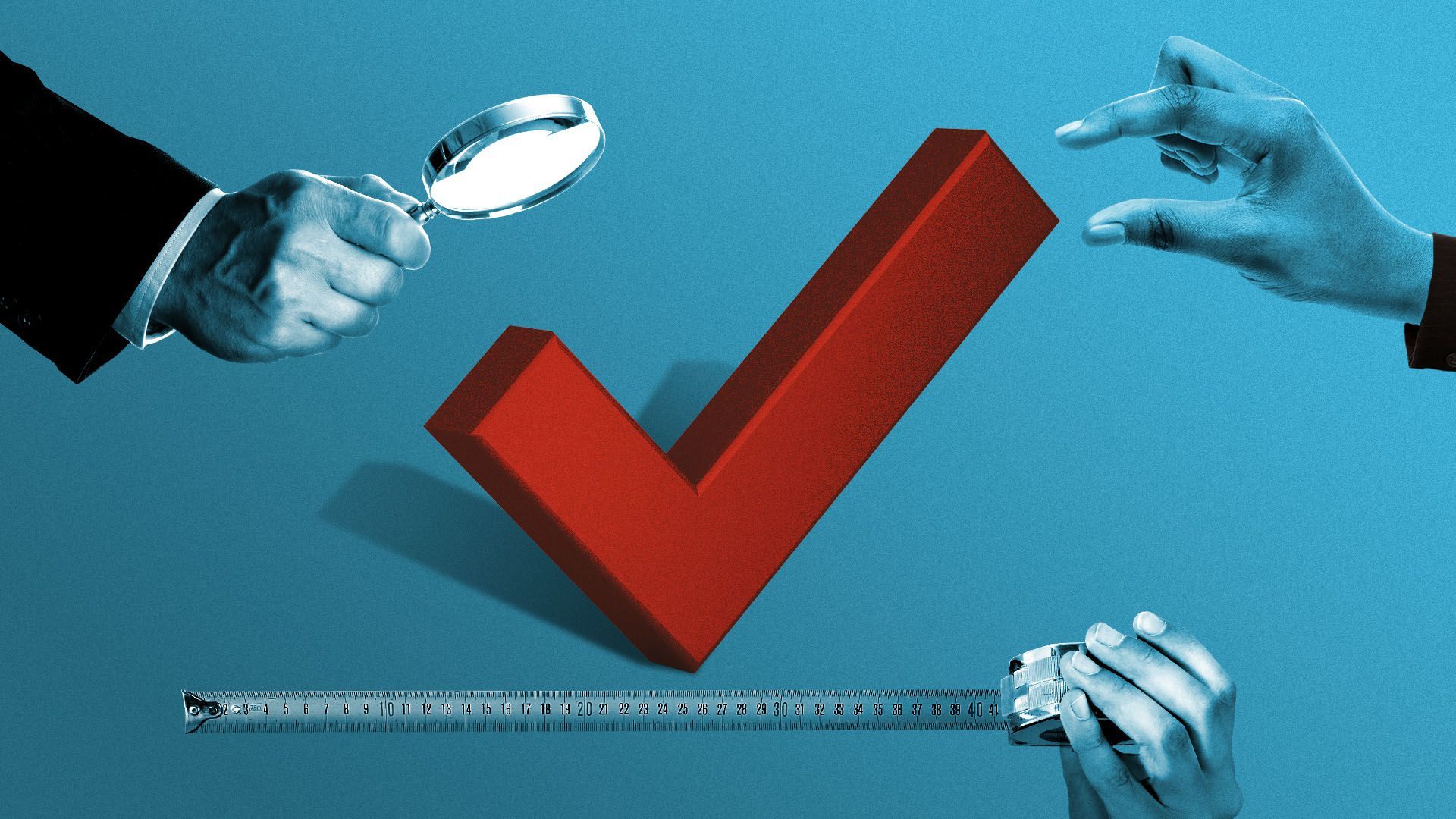 Illustration of a check mark being studied and measured by a variety of hands