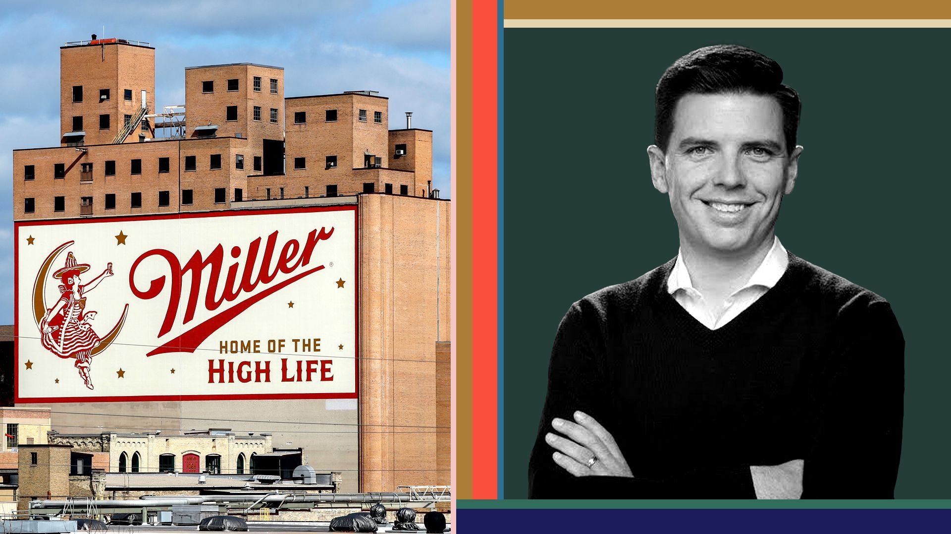 Photo illustration of the Molson Coors Brewing Co. campus in Milwaukee next to a photo of chief communications and corporate affairs officer at Molson Coors Adam Collins
