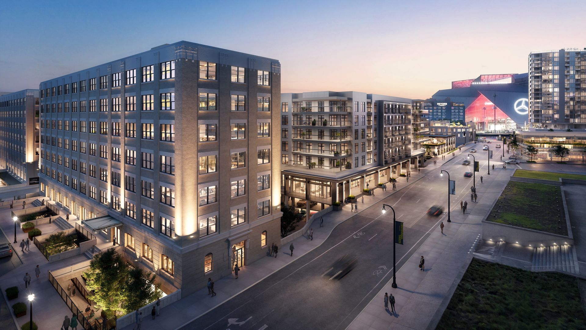 A rendering of Centennial Yards with new residential and retail buildings at The Gulch and Mercedes-Benz Stadium in the background