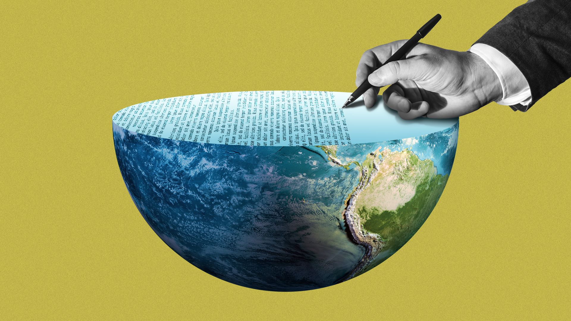 Illustration of a hand writing out a manifesto on a half earth resembling the book cover of "Abundance"