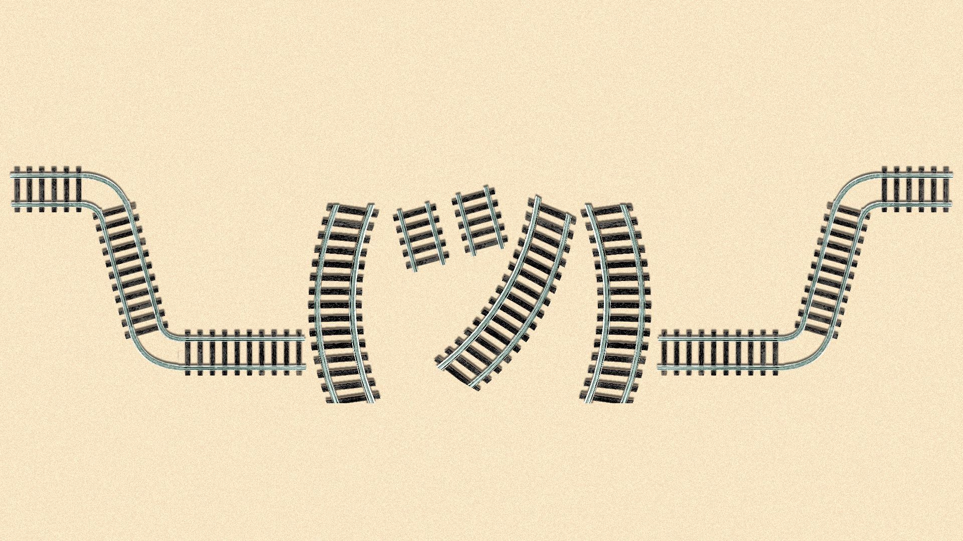 Illustration of a shrug emoji made out of railroad tracks.