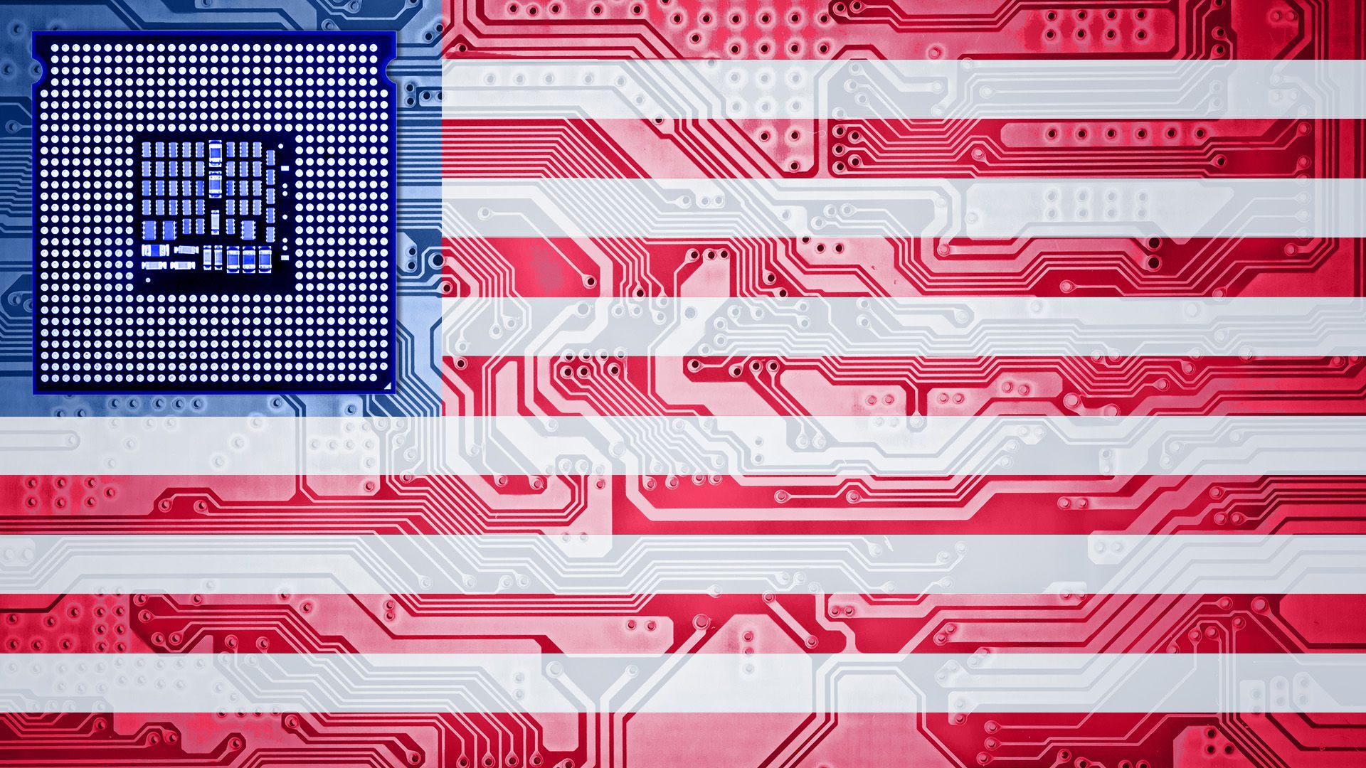 Illustration of a US flag made of semiconductor chips.