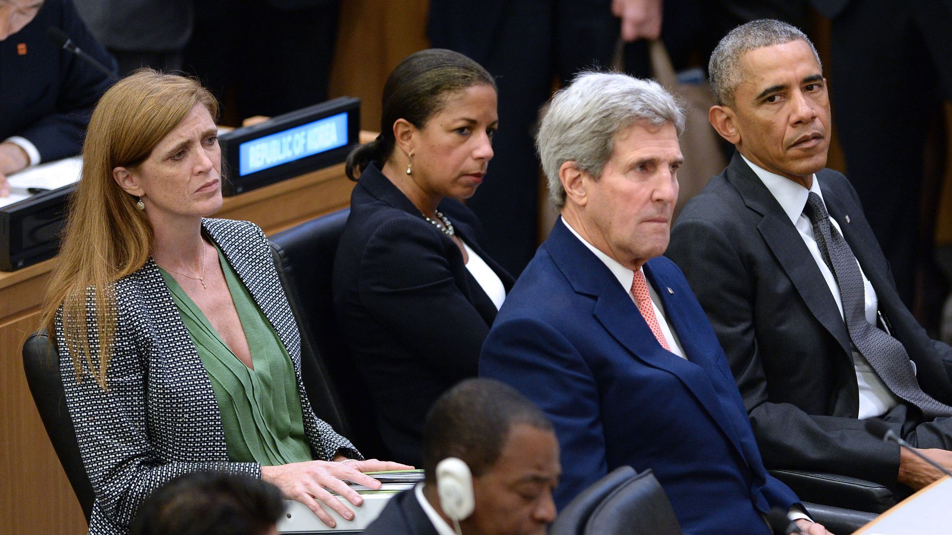 Samantha Power (left) sits at the United Nations in 2014 with National Security adviser Susan Rice, Secretary of State John Kerry and President Obama