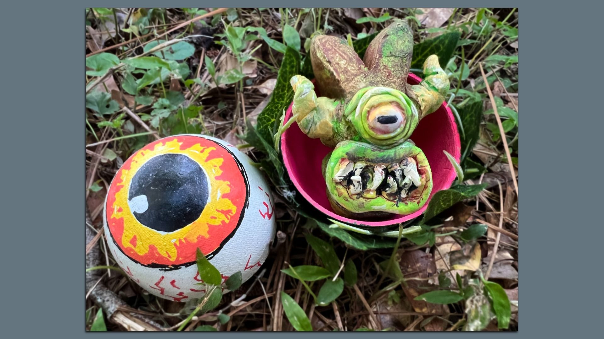 Photo shows an egg and creepy egg monster.