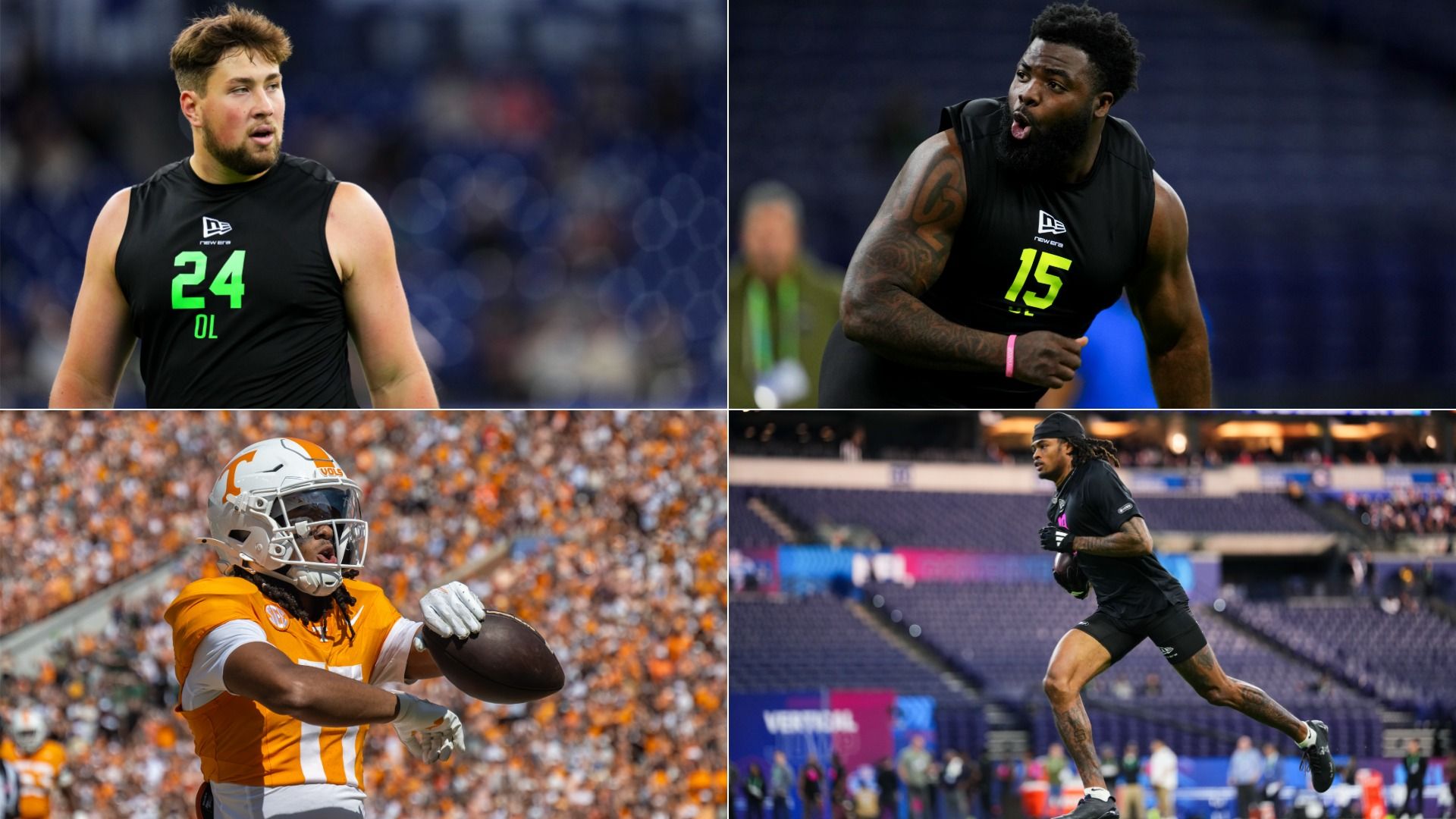 Four football players in individual frames. The top two and the lower right are  of players at the NFL Combine. The bottom left is of Chris Brazzell II celebrating during a Tennessee game. 
