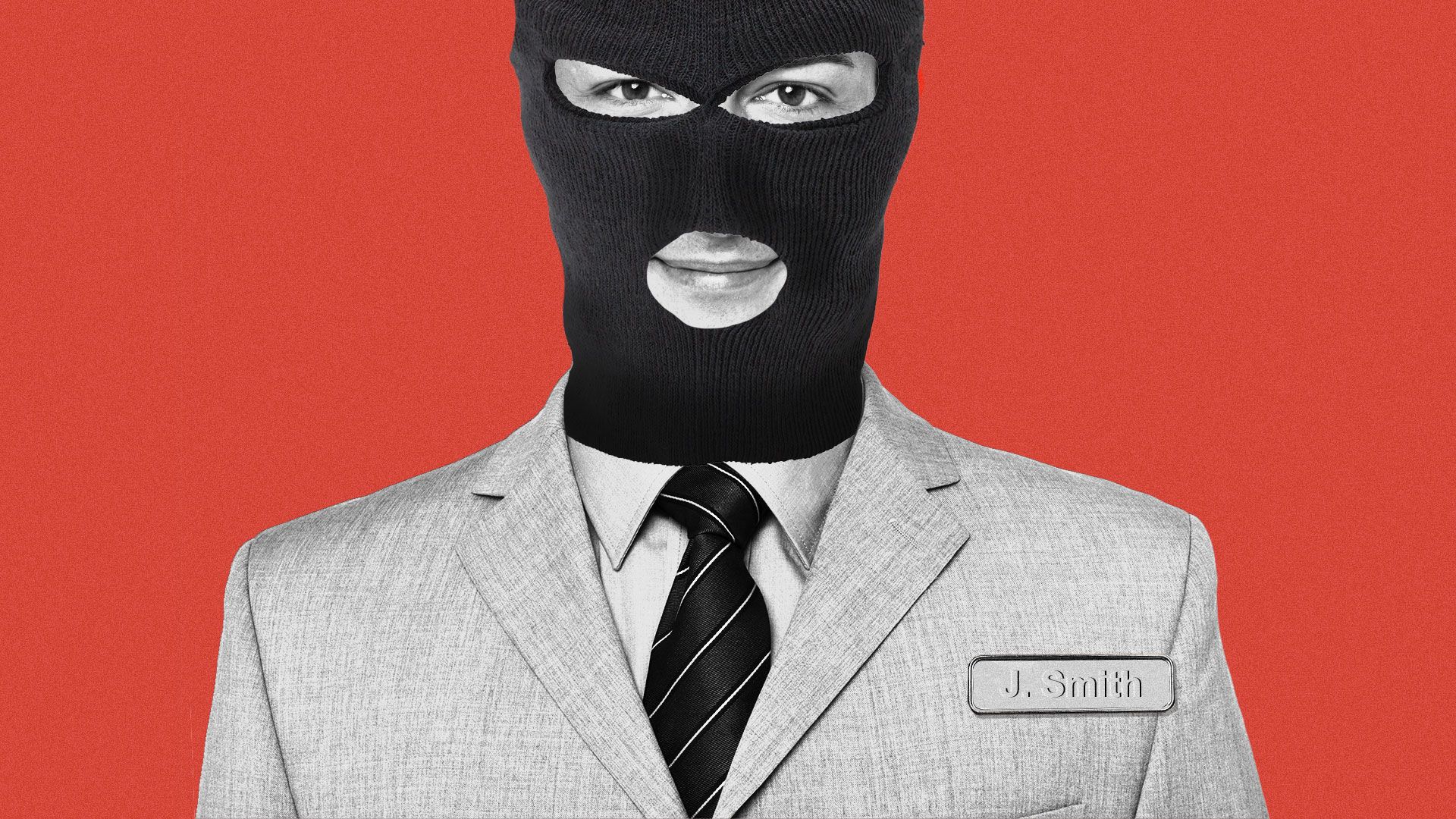 Illustration of an employee with a name tag, wearing a balaclava over his face.