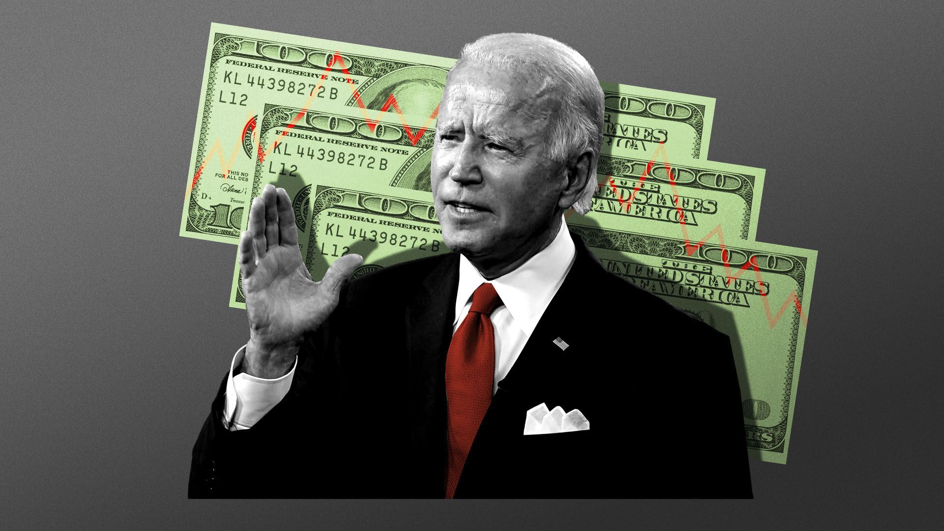 Photo illustration of Joe Biden in front of three hundred dollar bills with a downward trend line