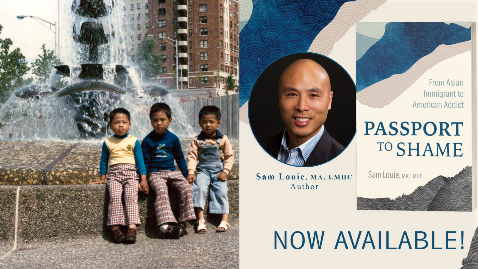 A montage of a photo of three Asian children sitting near a fountain and a book cover. 