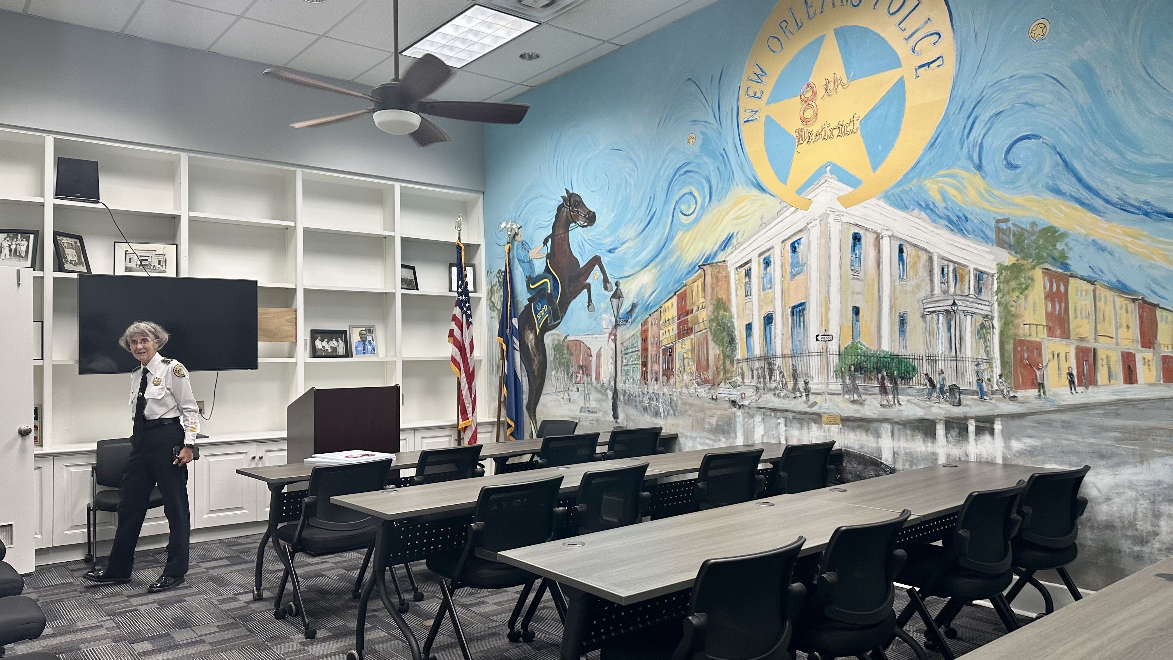 NOPD chief Anne Kirkpatrick walks through an NOPD classroom.