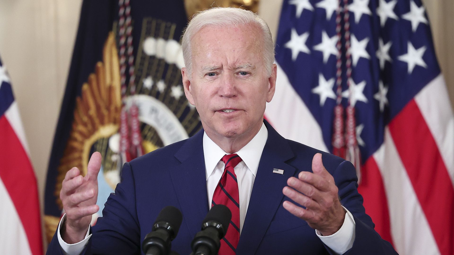President Joe Biden delivers remarks before signing nine bills into law with the goal of improving military veterans' lives in the State Dining Room at the White House on June 07.