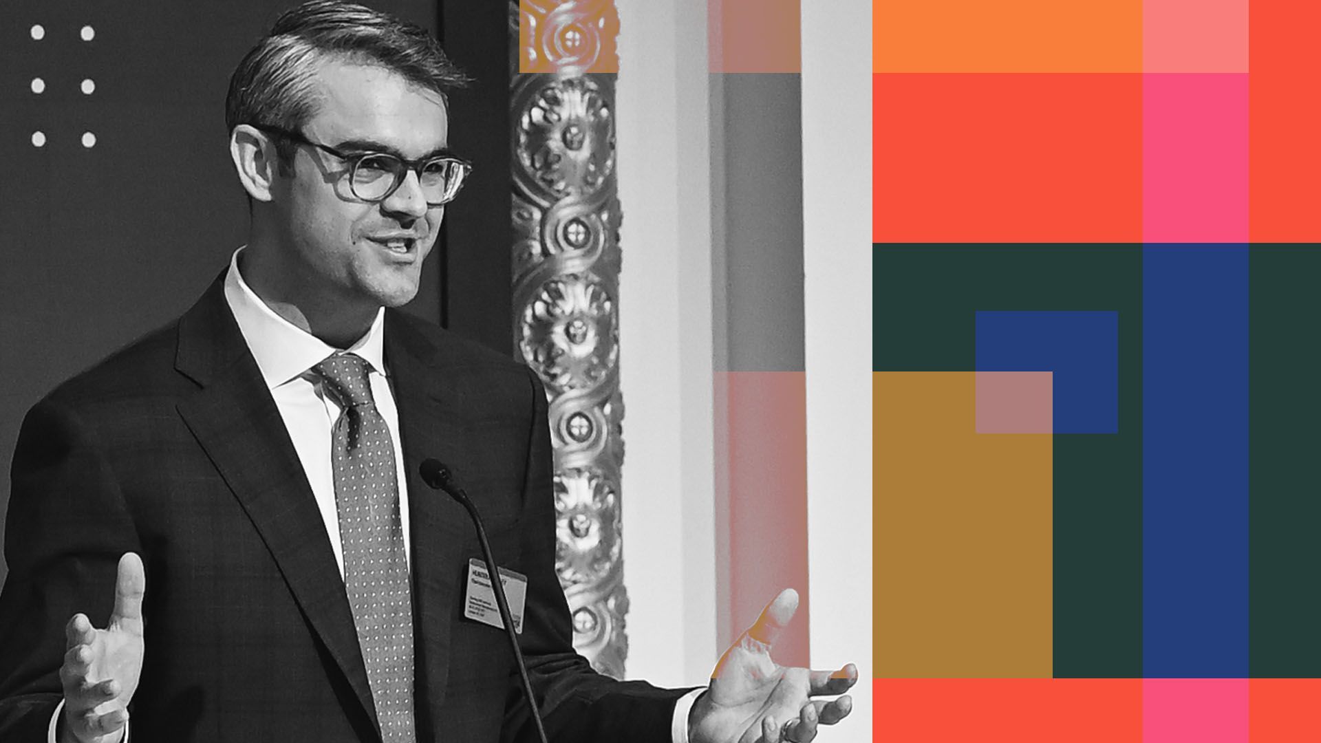 CEO of Bitwise Asset Management Hunter Horsley next to various blocks of color