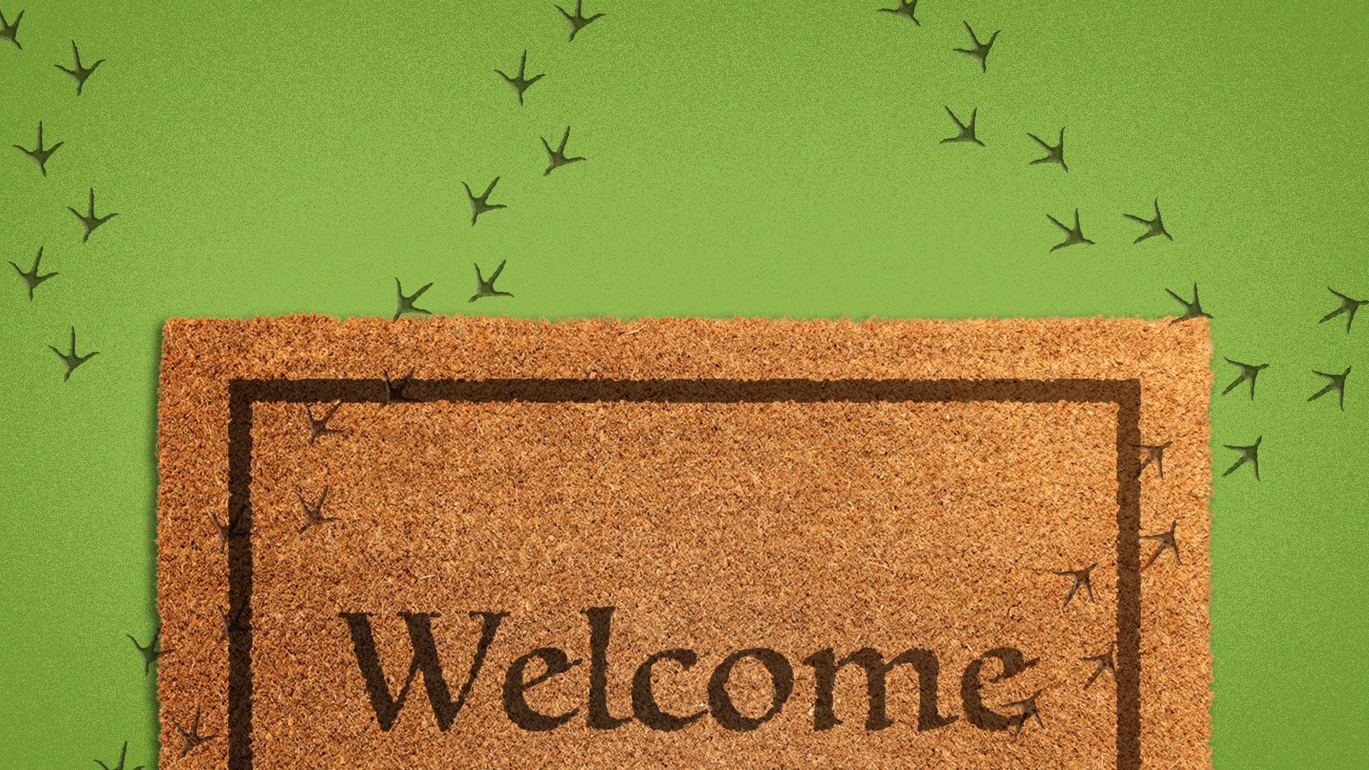 Illustration of a welcome mat with chicken footprints.