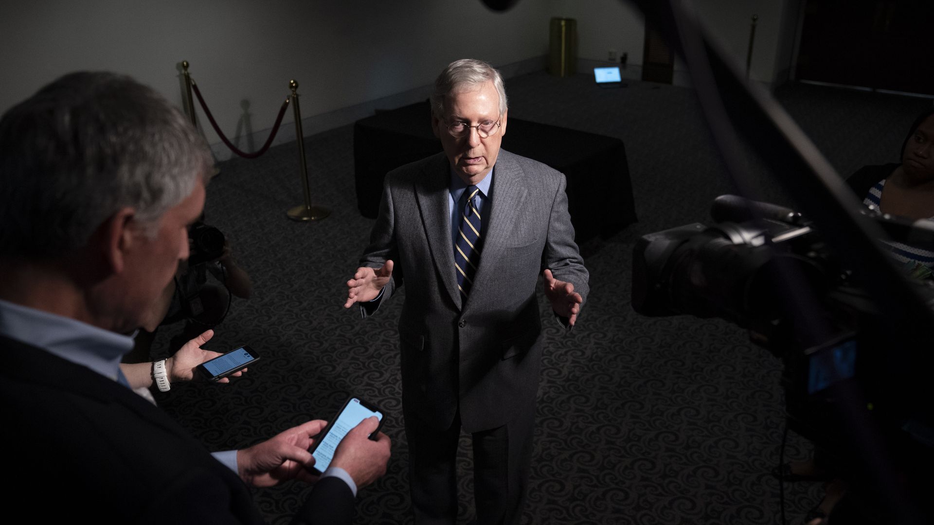 Senate Majority Leader Mitch McConnell (R-KY) speaks to reporters
