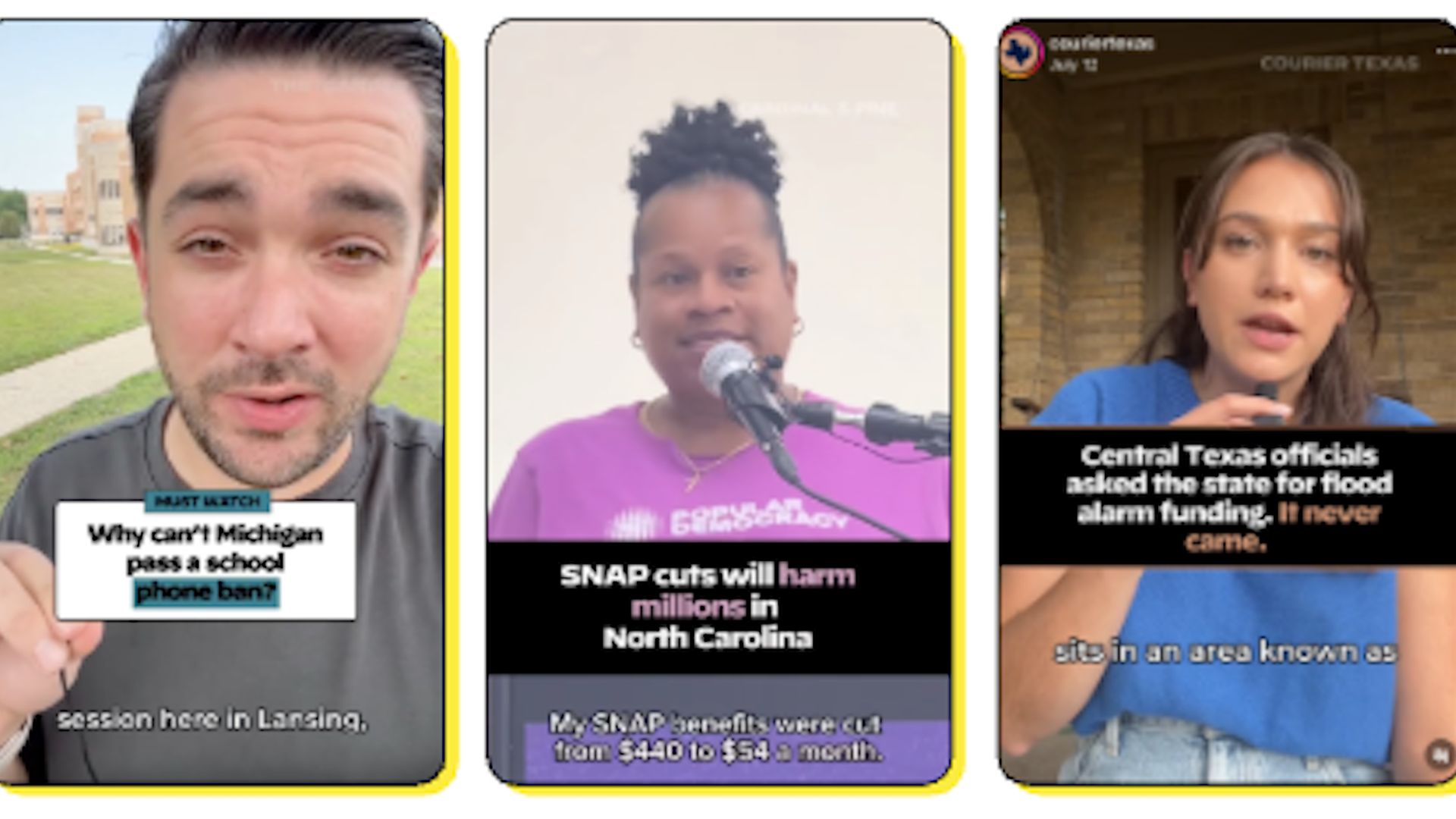 Four video stills of individuals discussing issues: Michigan school phone ban, SNAP cuts in North Carolina, Texas flood funding denial, and tariffs impacting Wisconsin farmers. Each has text overlays.