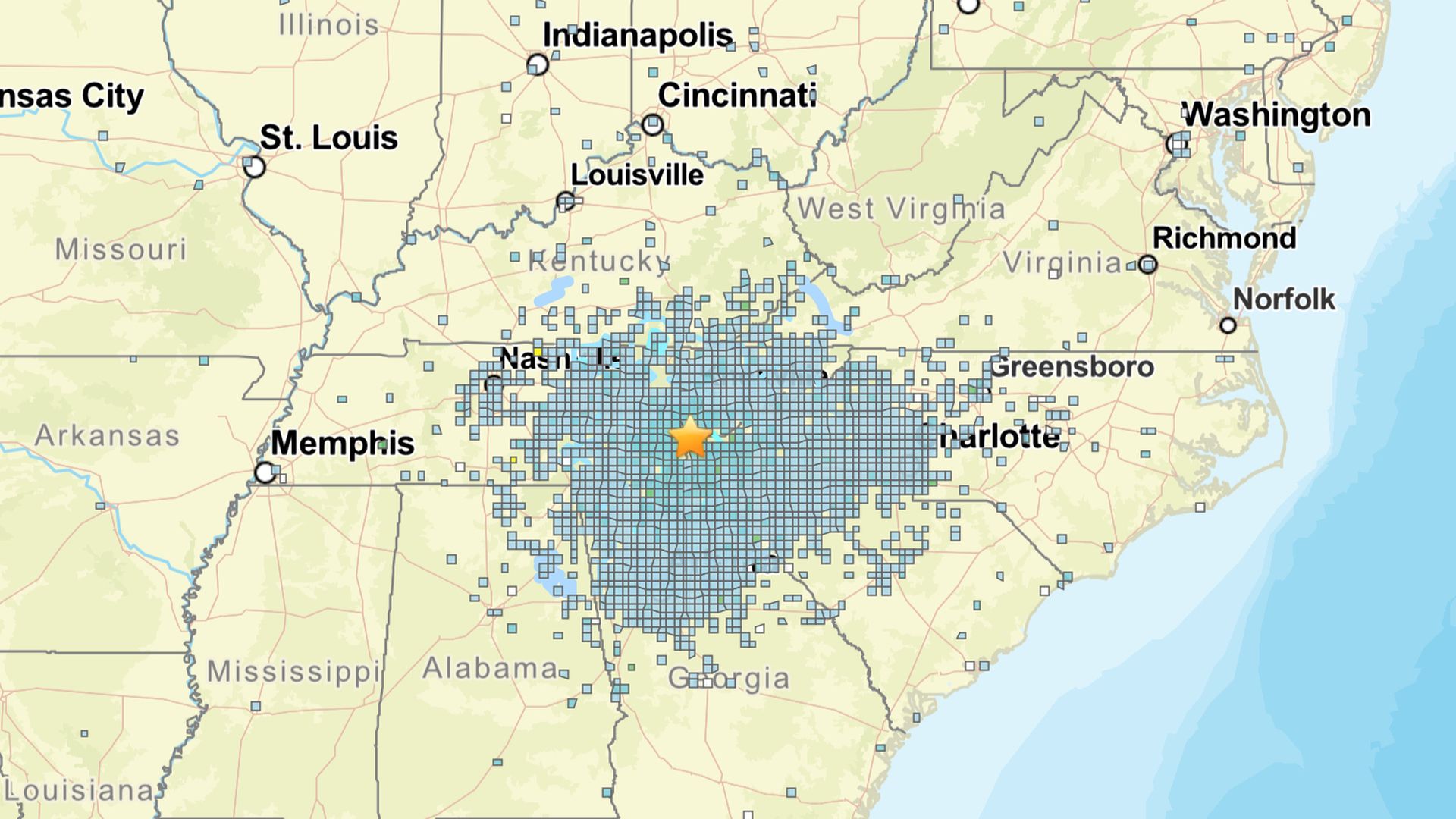 A map of the U.S. with a large collection of dots spread over north Georgia, eastern Tennessee and western North and South Carolina