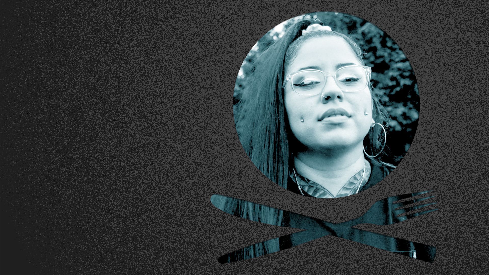 Photo illustration of a place setting shaped like a skull and crossbones containing a photo of Rebecca Smith.