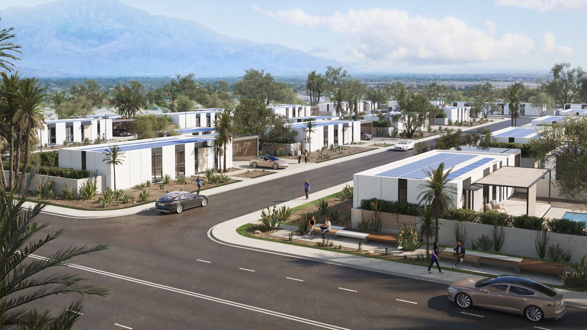 A rendering of a planned 3D printed housing community in Rancho Mirage, California. 